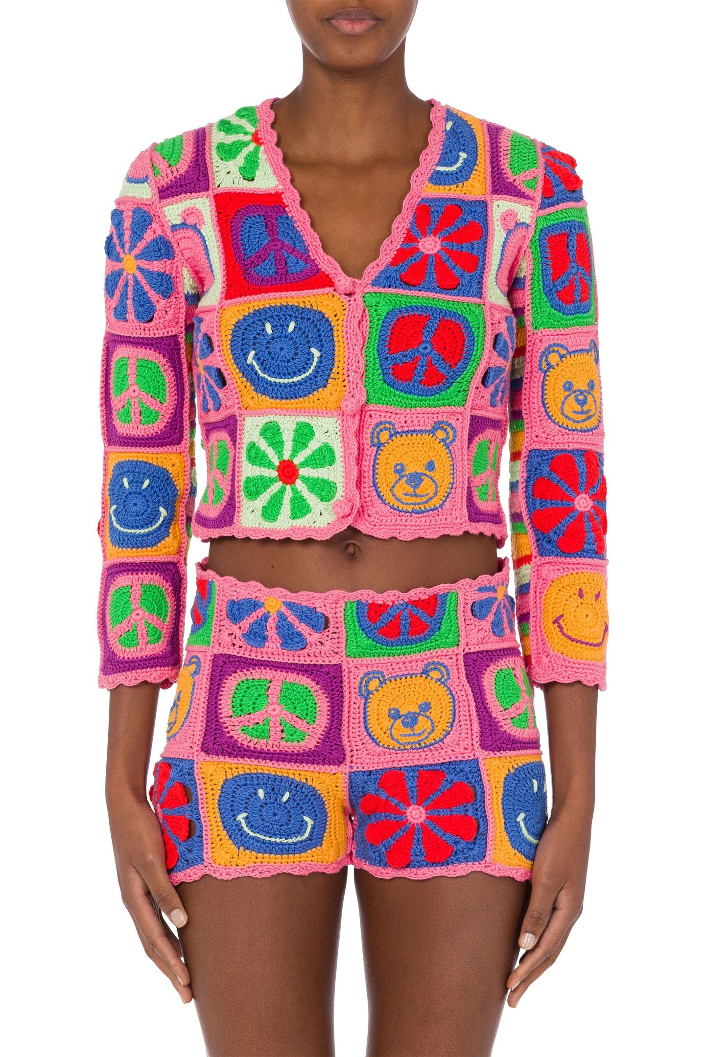 CARDIGAN CROPPED IN CROCHET MOSCHINO SYMBOLS PINK 1