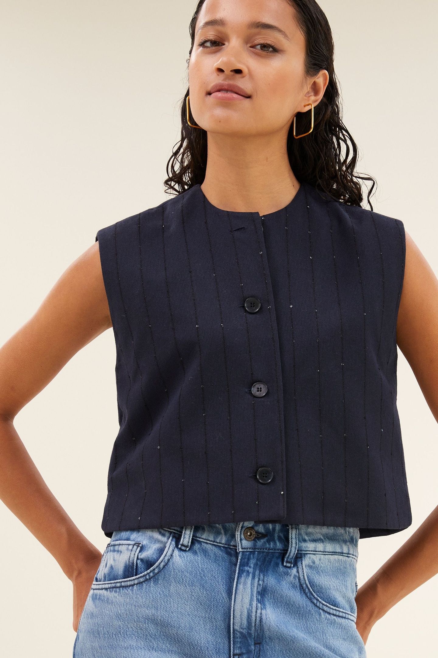 NORI SPARKLE GILET NAVY LUREX STRIPE 1