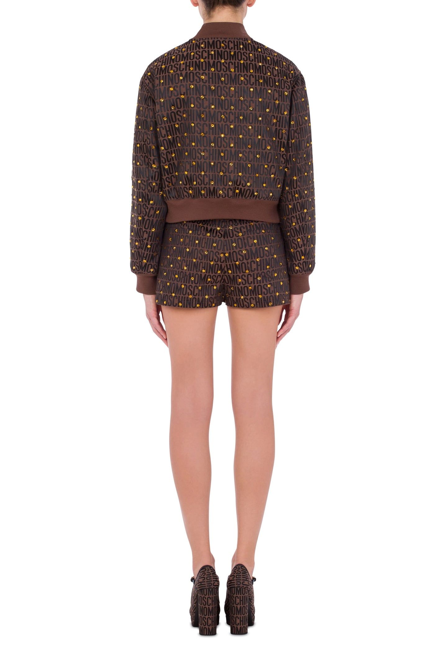 NYLON BOMBER JACKET WITH RHINESTONES ALLOVER LOGO BROWN 2