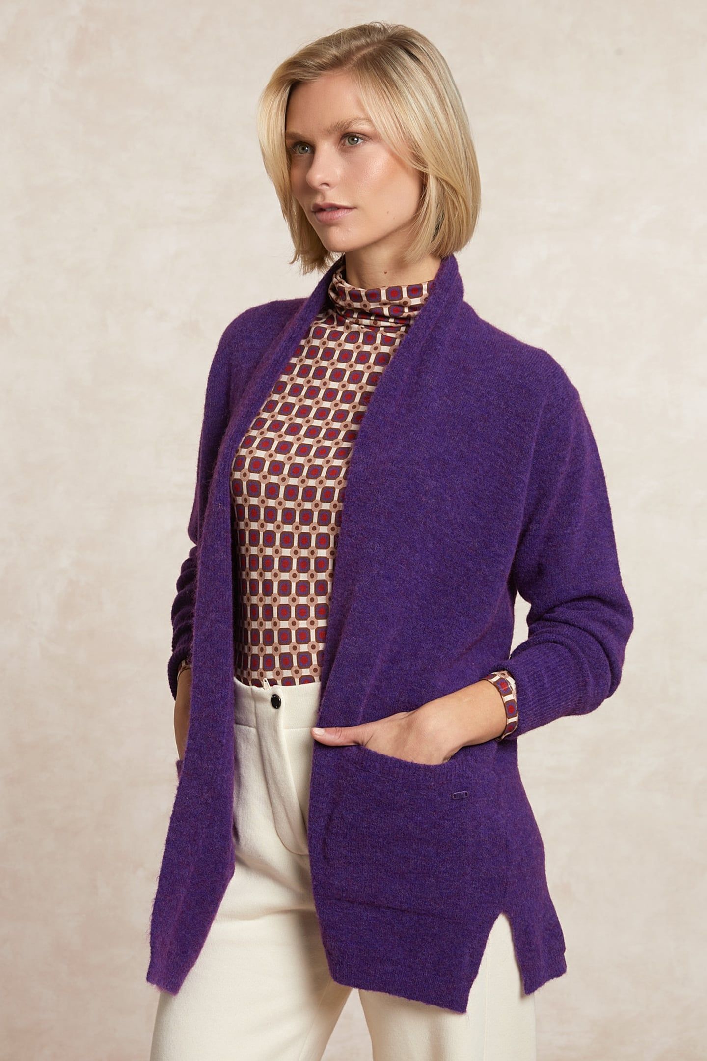 LONG V-NECK JERSEY CARDIGAN APPLIED POCKETS PURPLE 3