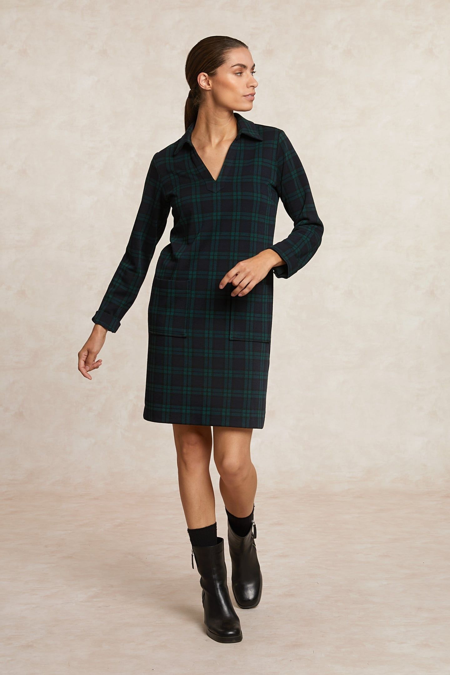 SHORT CHECKED V-NECK DRESS LONG SLEEVES KHAKI MULTI 3