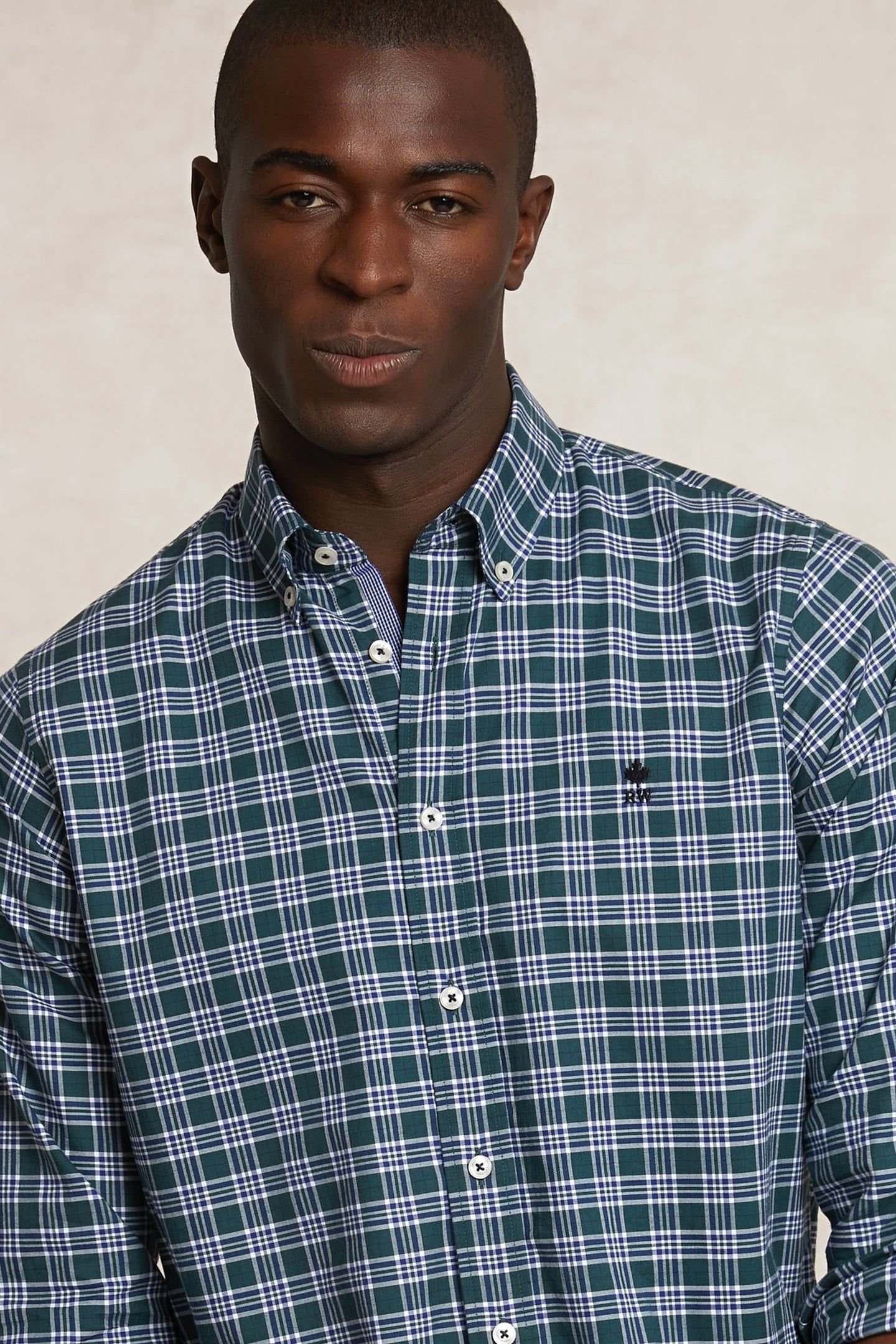 CUSTOM FIT COTTON CHECKED SHIRT KHAKI/WHITE 4