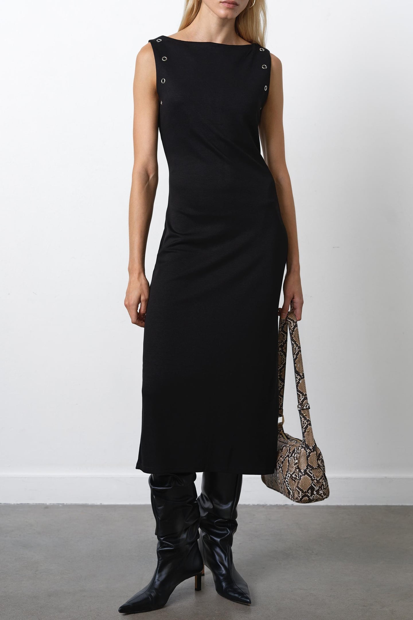 ORLA JERSEY EYELET MIDI DRESS BLACK 2
