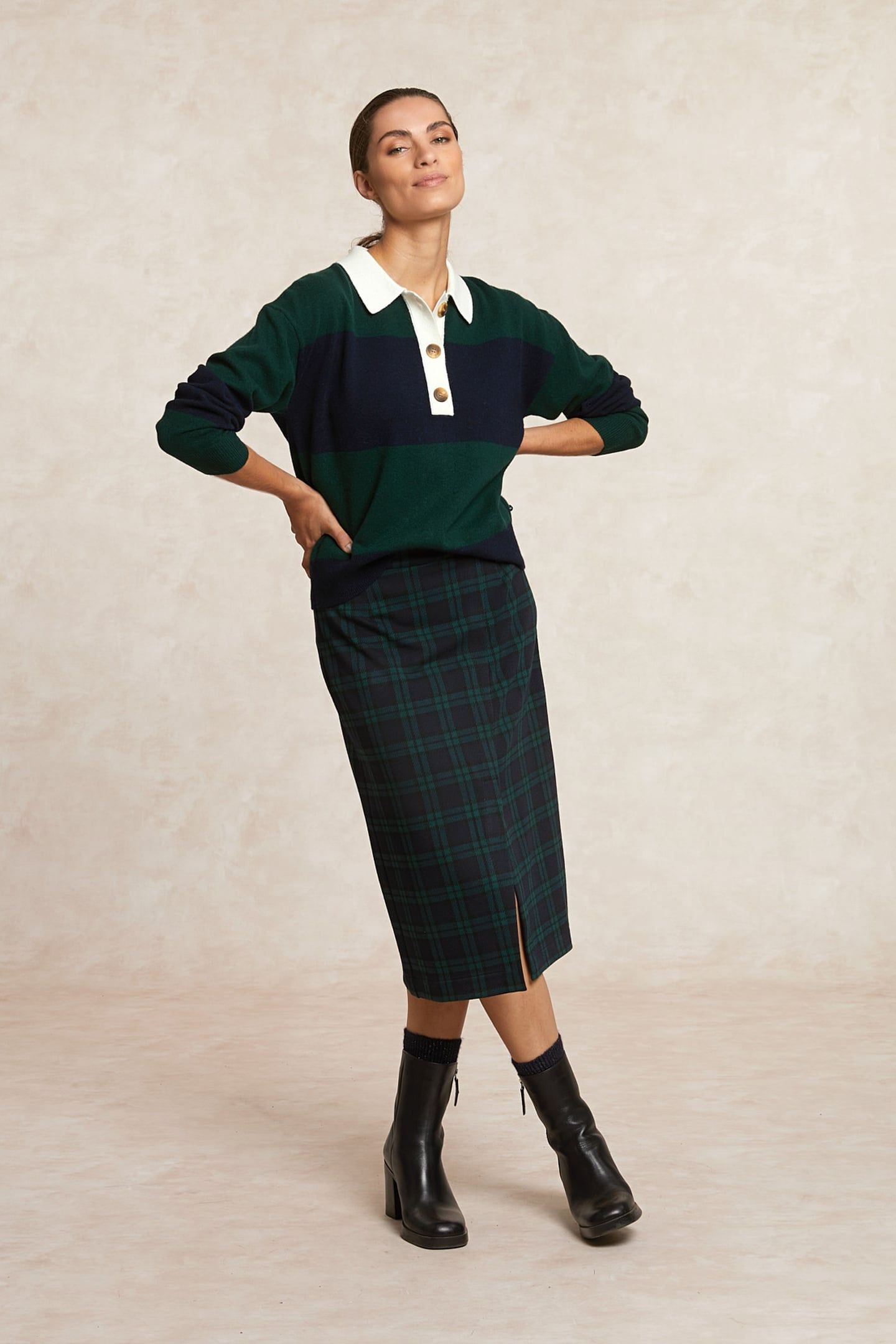 A-LINE CHECKED MIDI SKIRT FRONT SLIT KHAKI 1