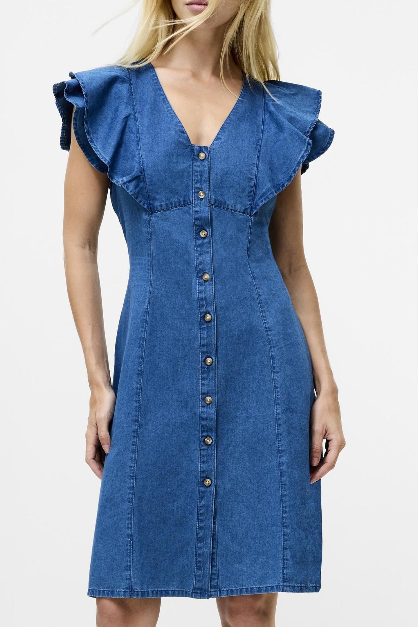 RUFFLE DENIM CHAMBRAY DRESS MID WASH MID WASH 2