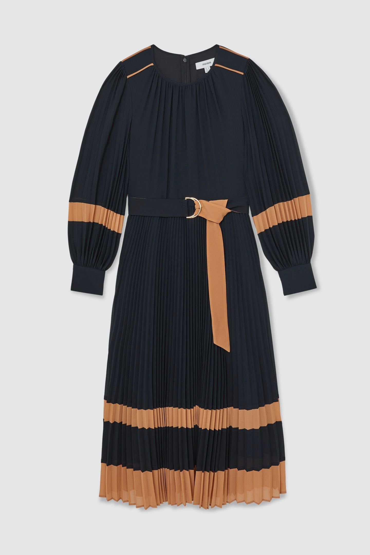 COLOUR BLOCK PLEATED DRESS NAVY/CAMEL 4