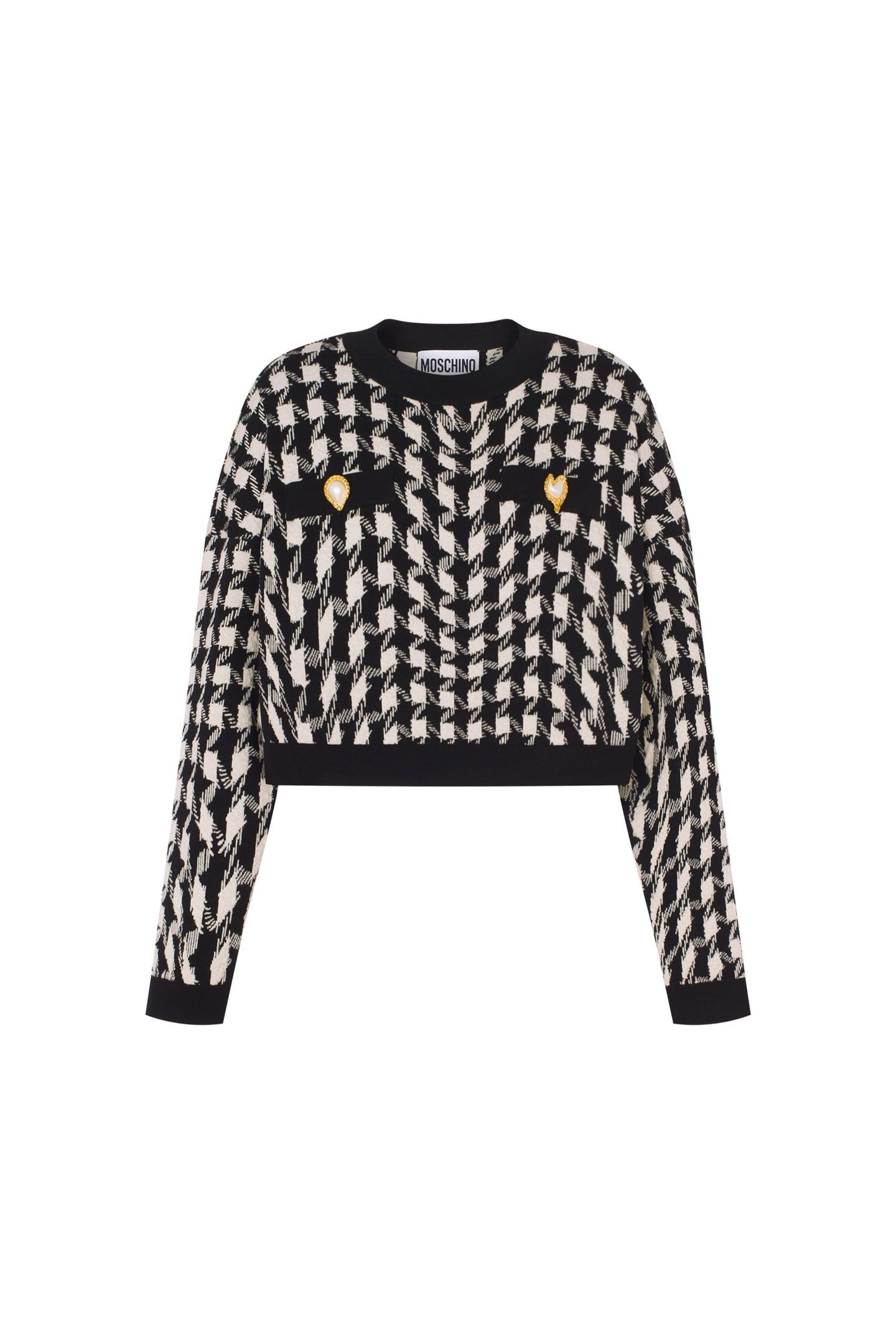 CROPPED PULLOVER IN MORPHED HOUNDSTOOTH STRETCH KNIT WHITE 3