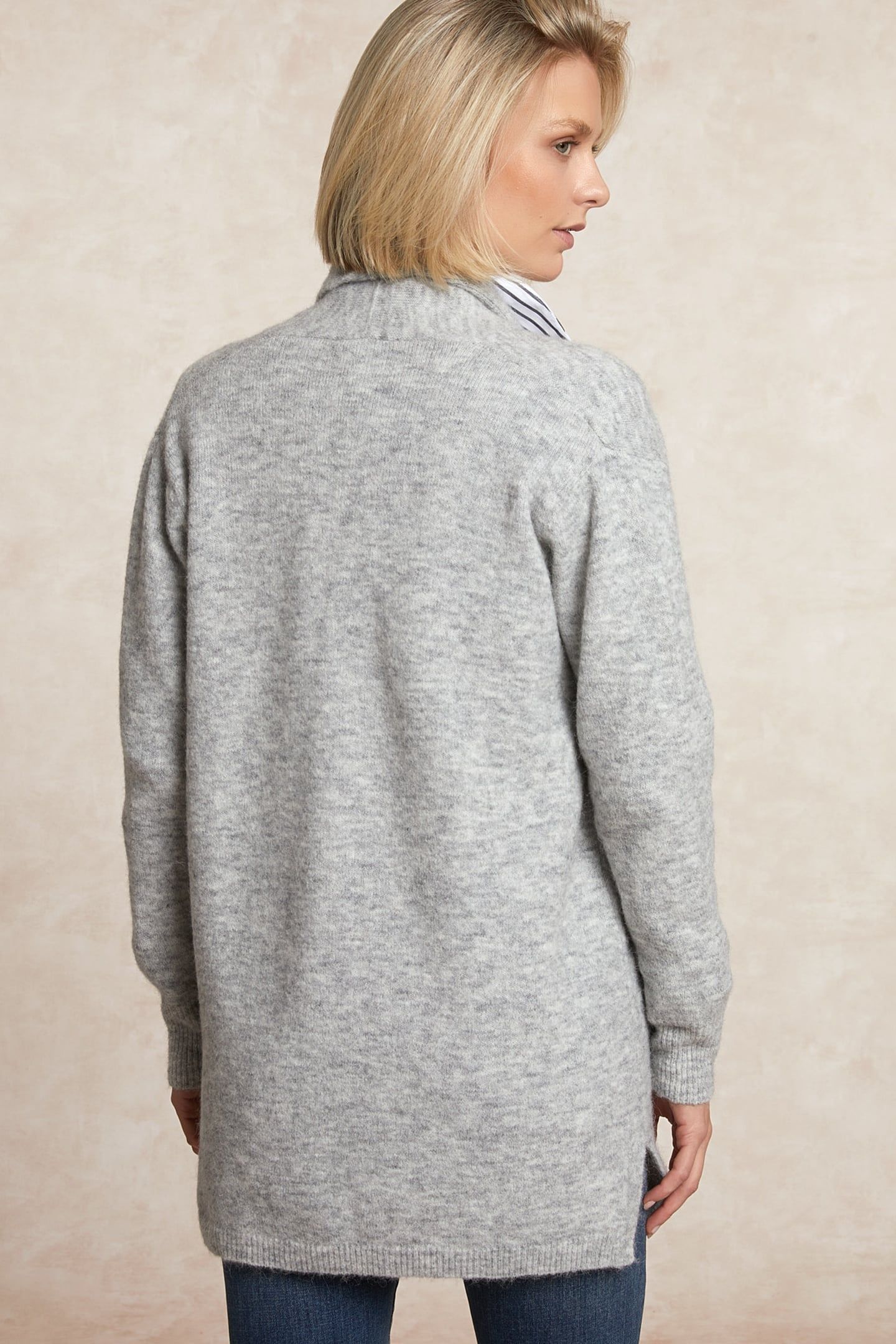 LONG V-NECK JERSEY CARDIGAN APPLIED POCKETS GREY 2