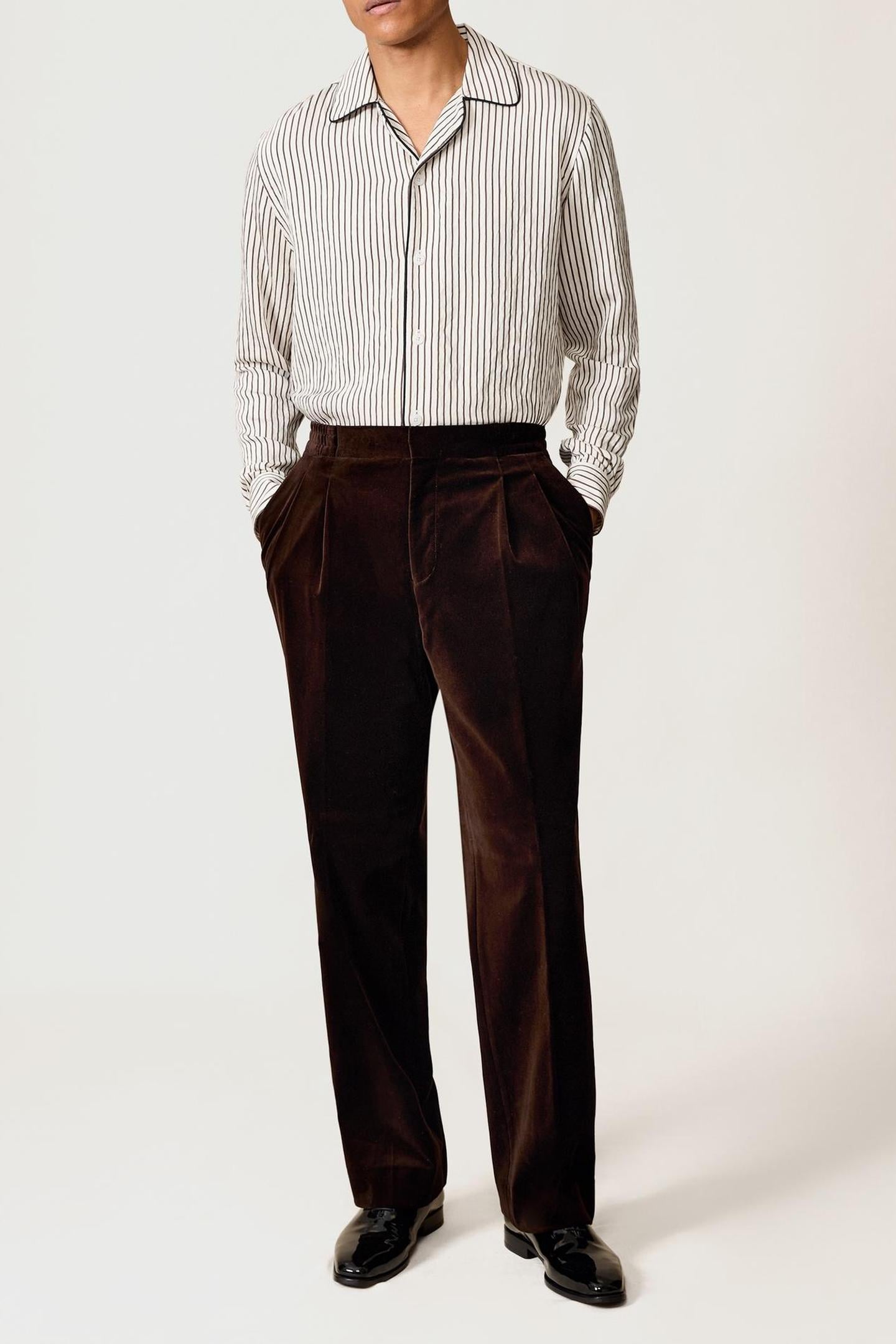 LS PINSTRIPE PIPED CUBAN SHIRT WHITE/BROWN 3