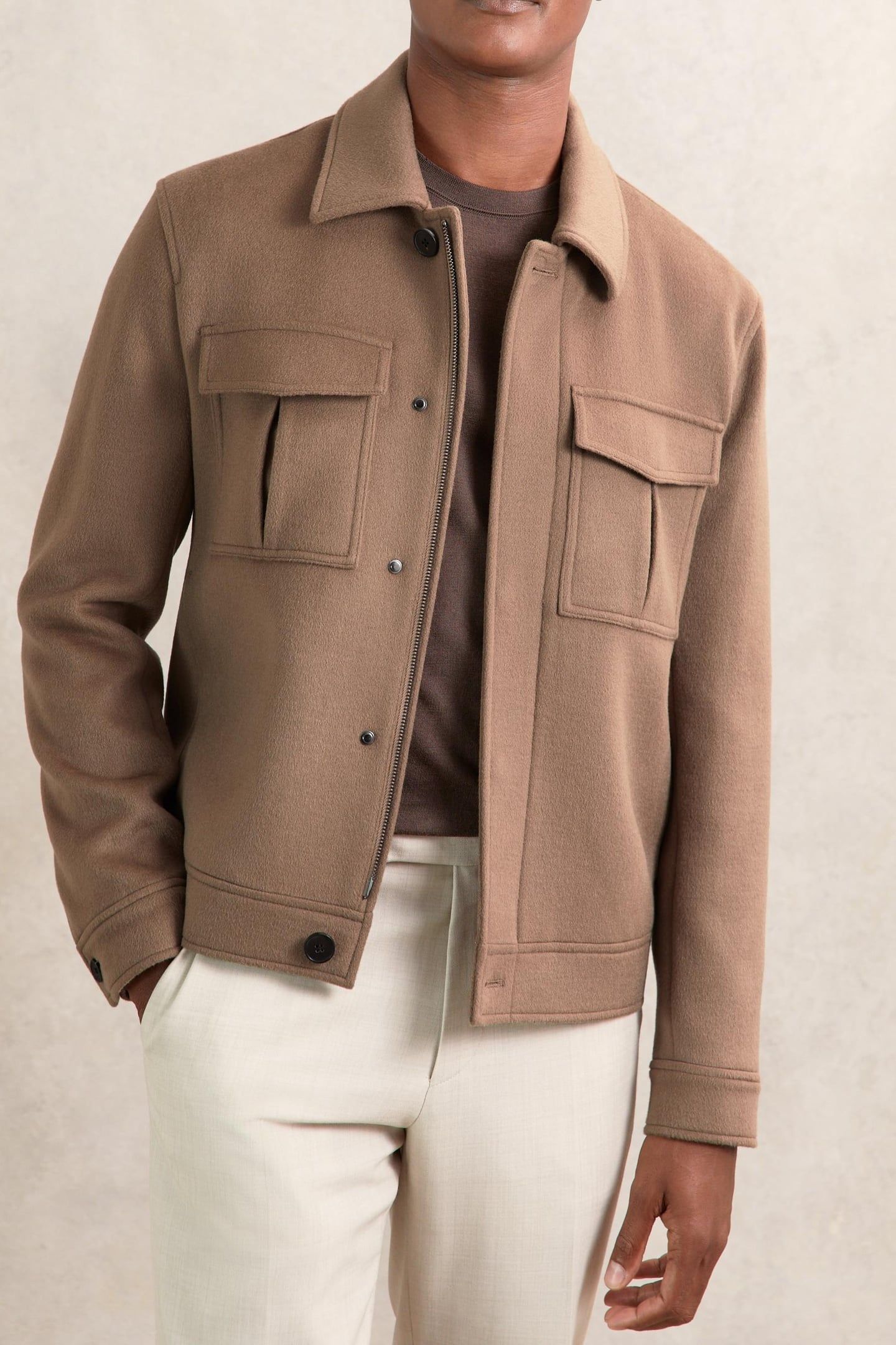 LS ZIP THROUGH CONCEALED PLACKET WOOL JACKET DARK BROWN 1