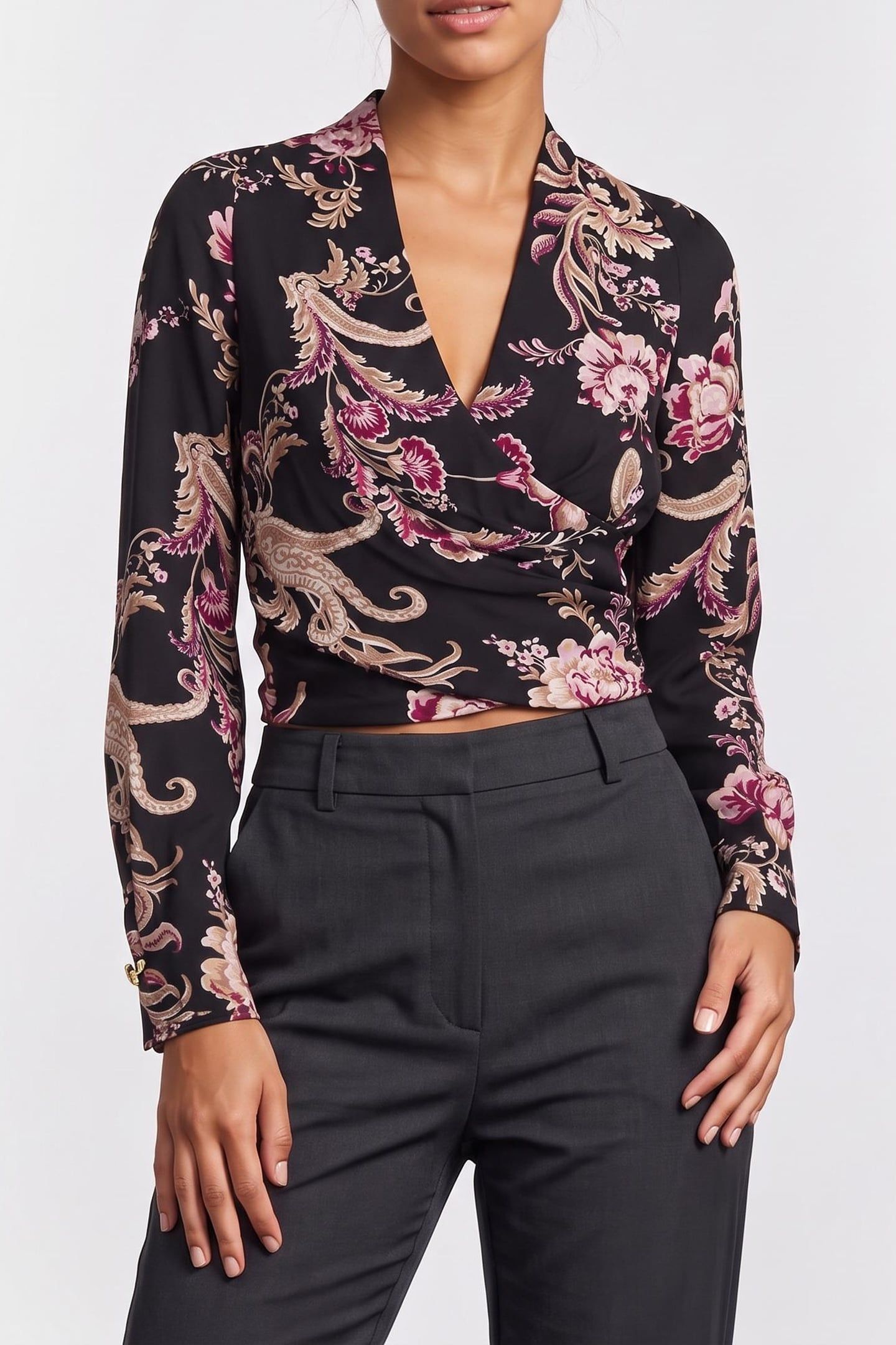 DENISE V NECK WRAP L FLORAL PAISLEY BLACK 1