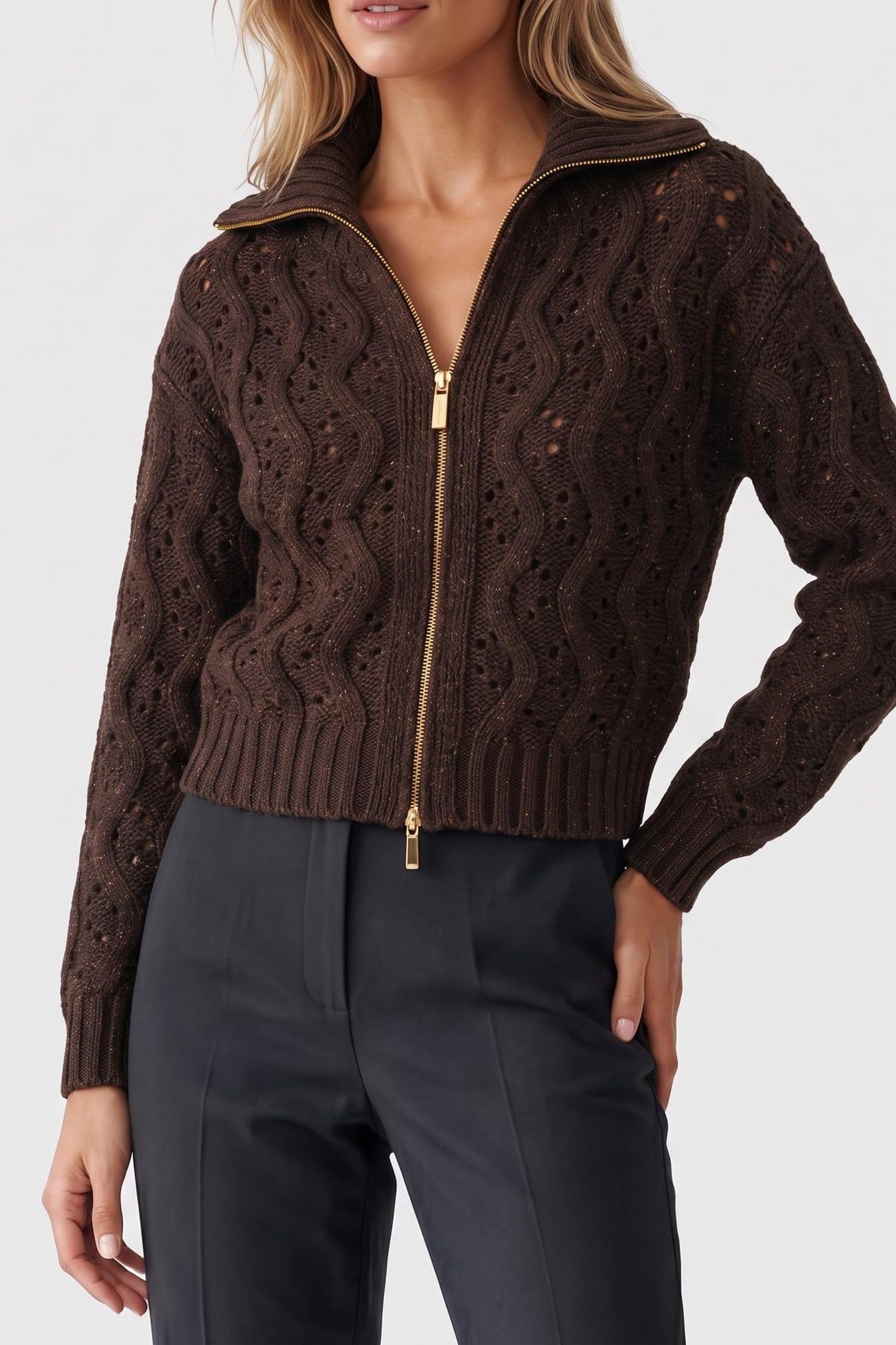 ADENORA ZIPPED CARDI CHOCOLATE BROWNIE MU 1