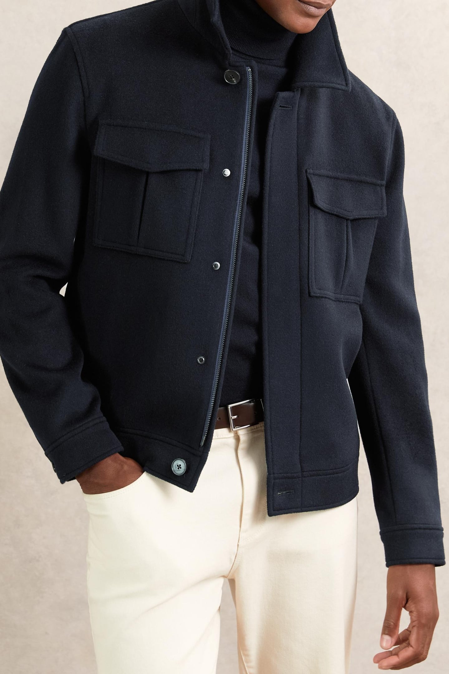 LS ZIP THROUGH CONCEALED PLACKET WOOL JACKET NAVY 2