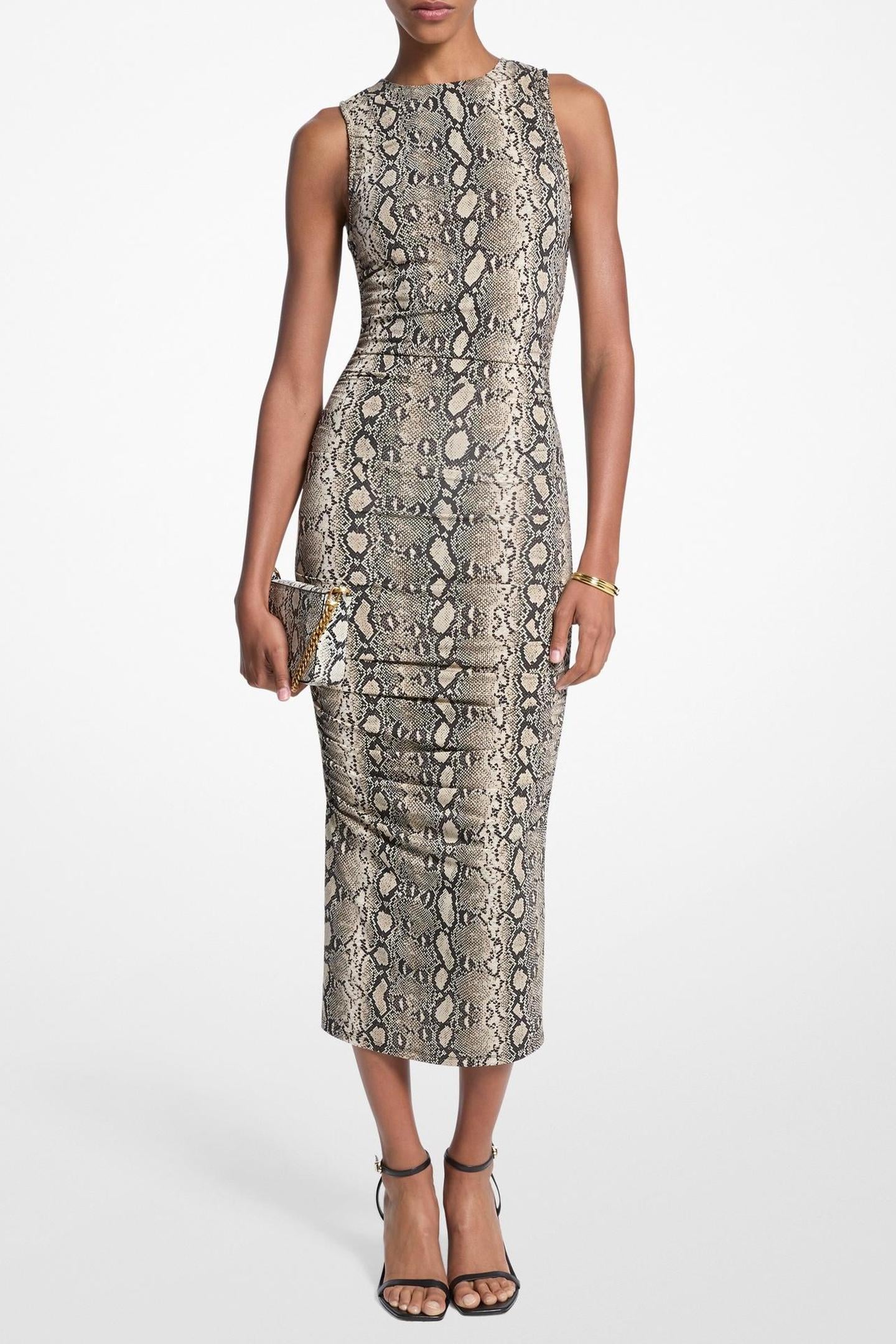 SNAKE PRINT STRETCH JERSEY RUCHED MIDI DRESS SOFT ECRU 1