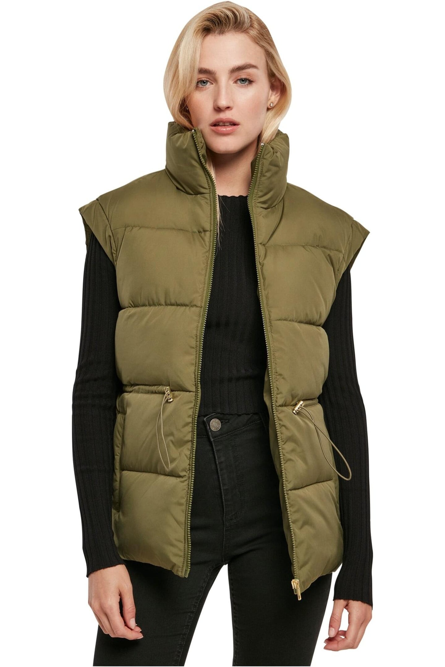 LADIES WAISTED PUFFER VEST OLIVE 1