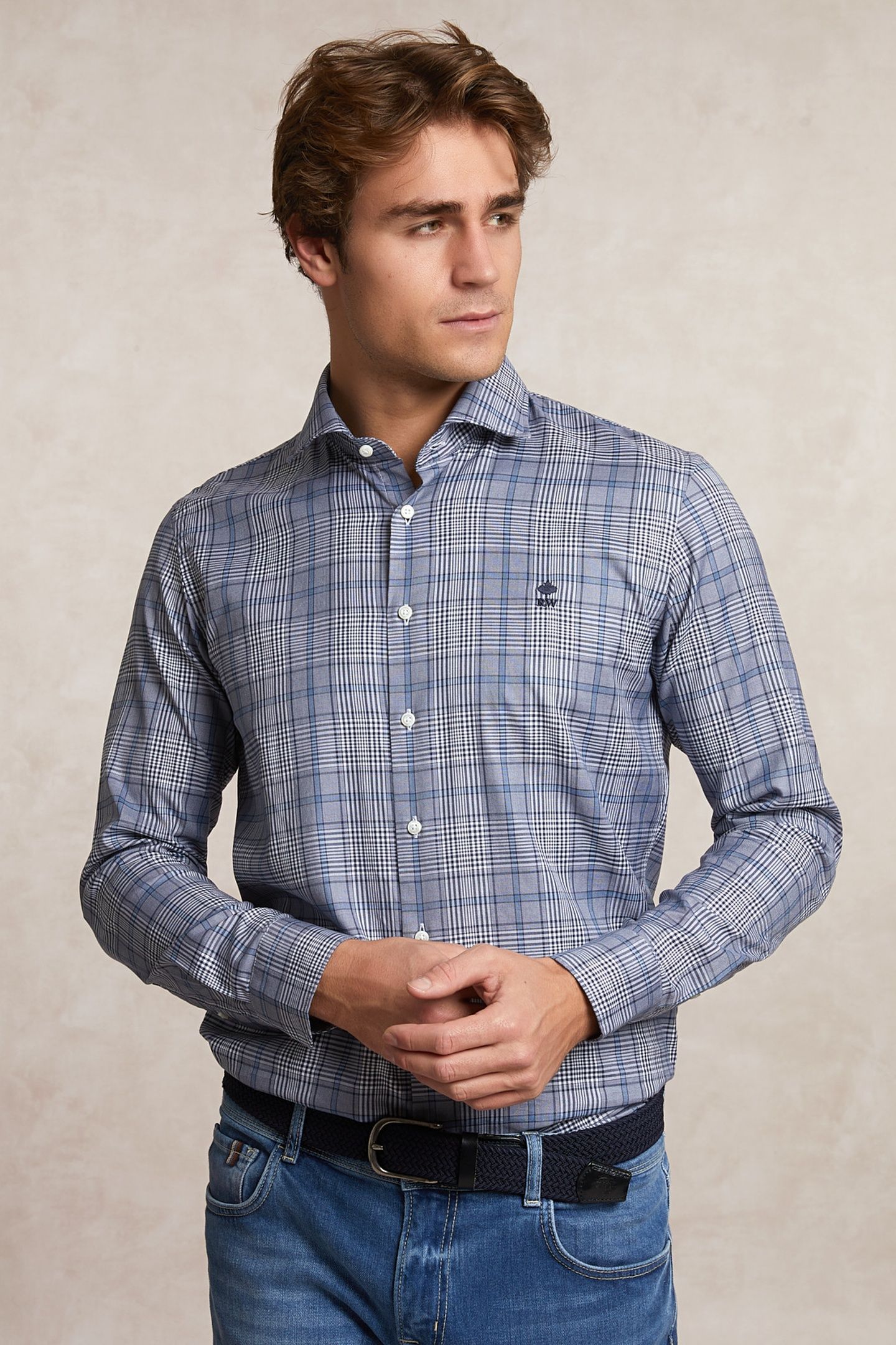 CUSTOM FIT COTTON CHECKED SHIRT BLUE/GREY 3