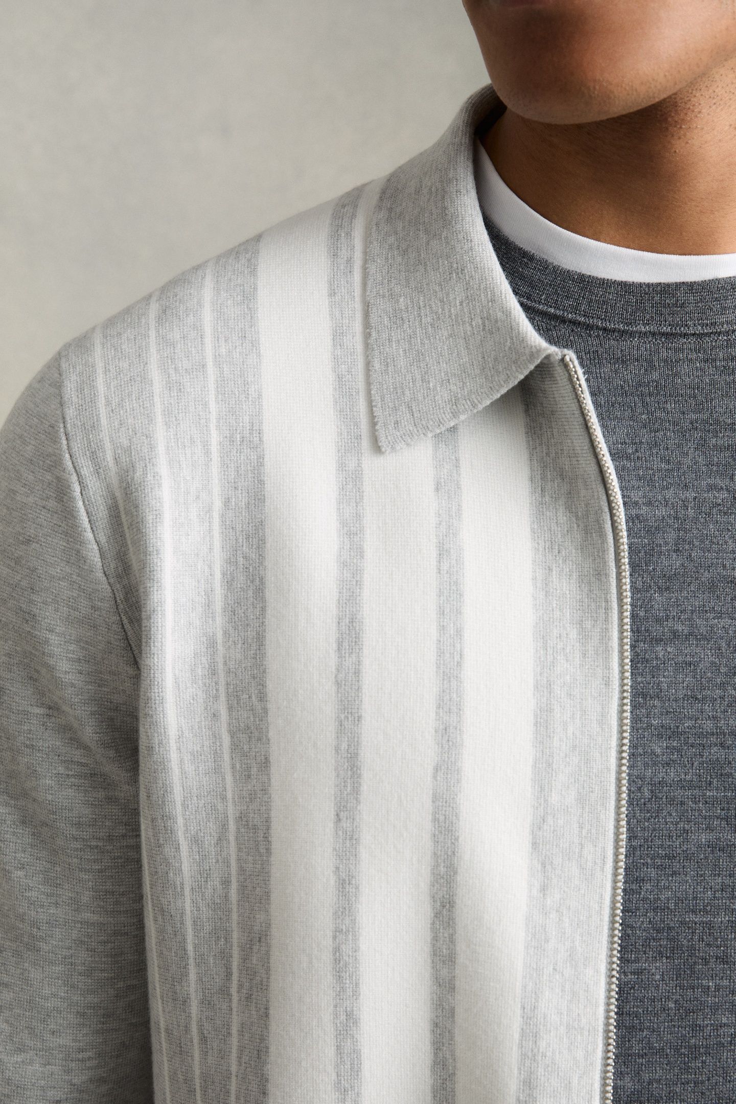 LS ZIP THROUGH STRIPE KNITTED JACKET GREY MELANGE/WHITE 6