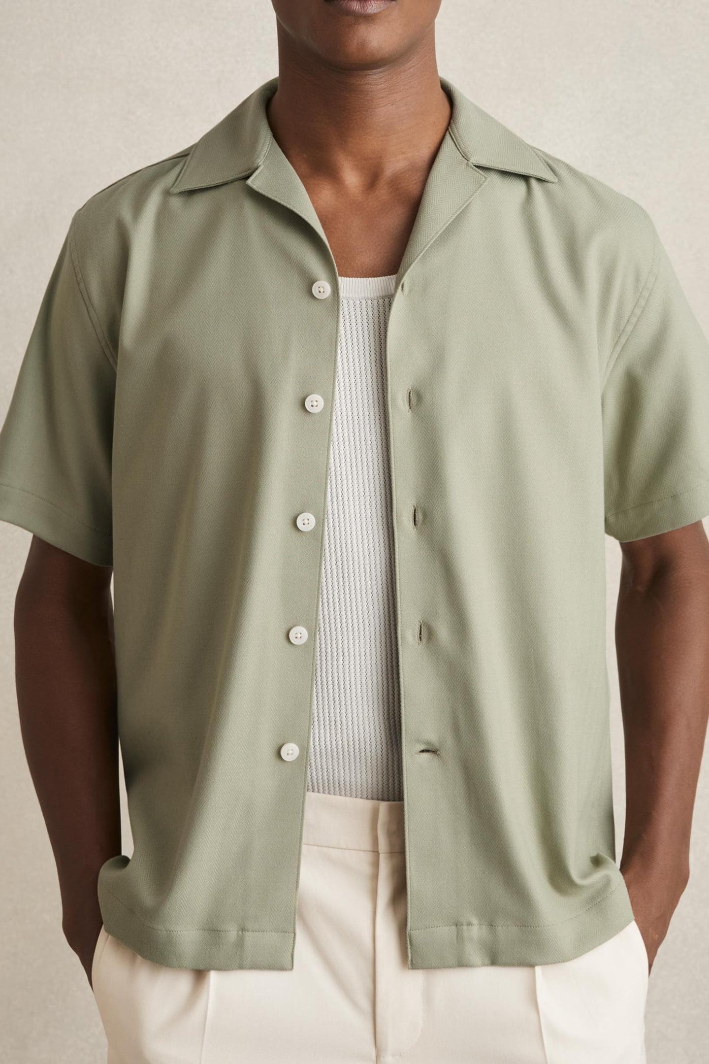 SS HERRINGBONE CUBAN SHIRT SAGE GREEN 1