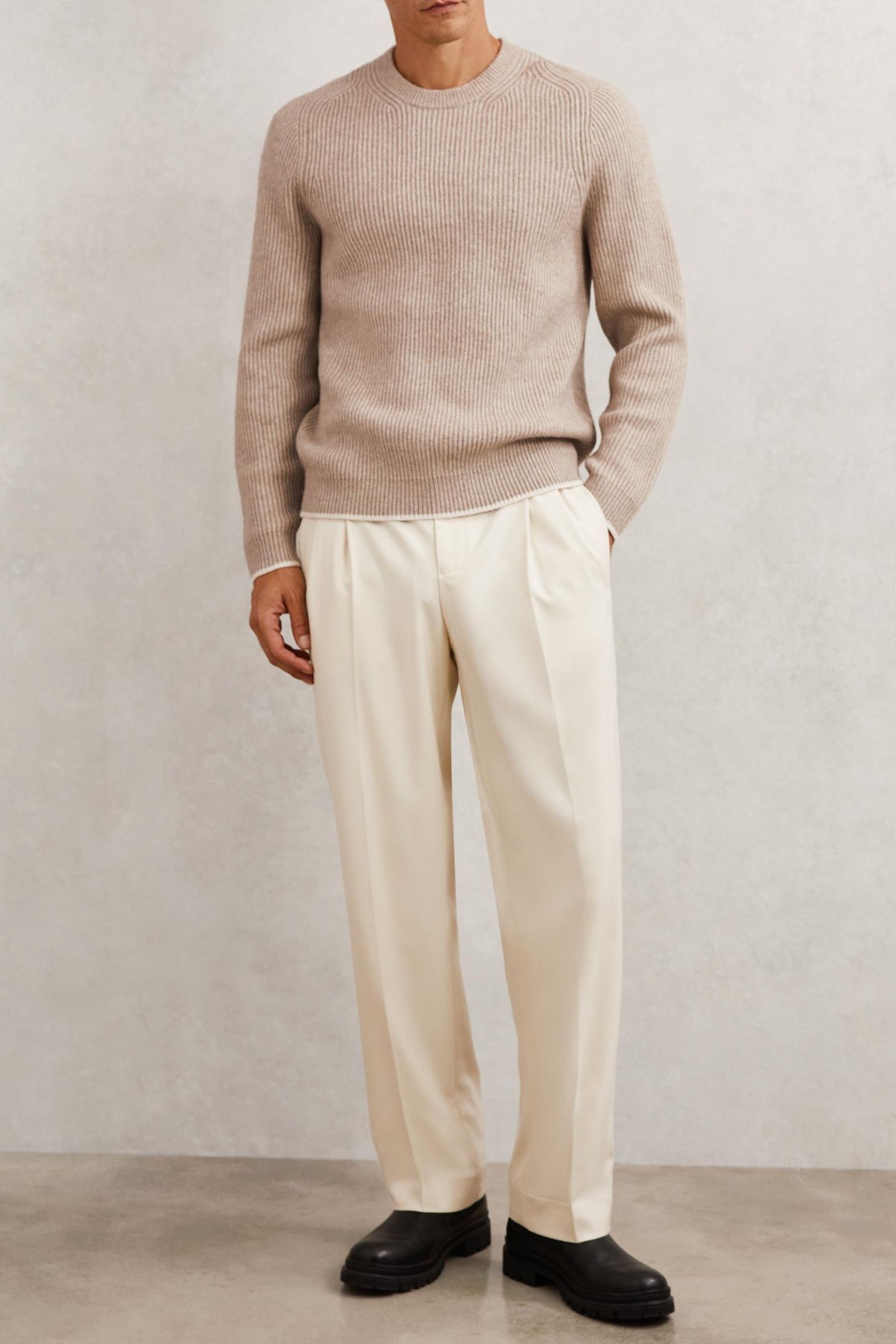 LS CREW BRUSHED WOOL RIBBED JUMPER OATMEAL BROWN 3