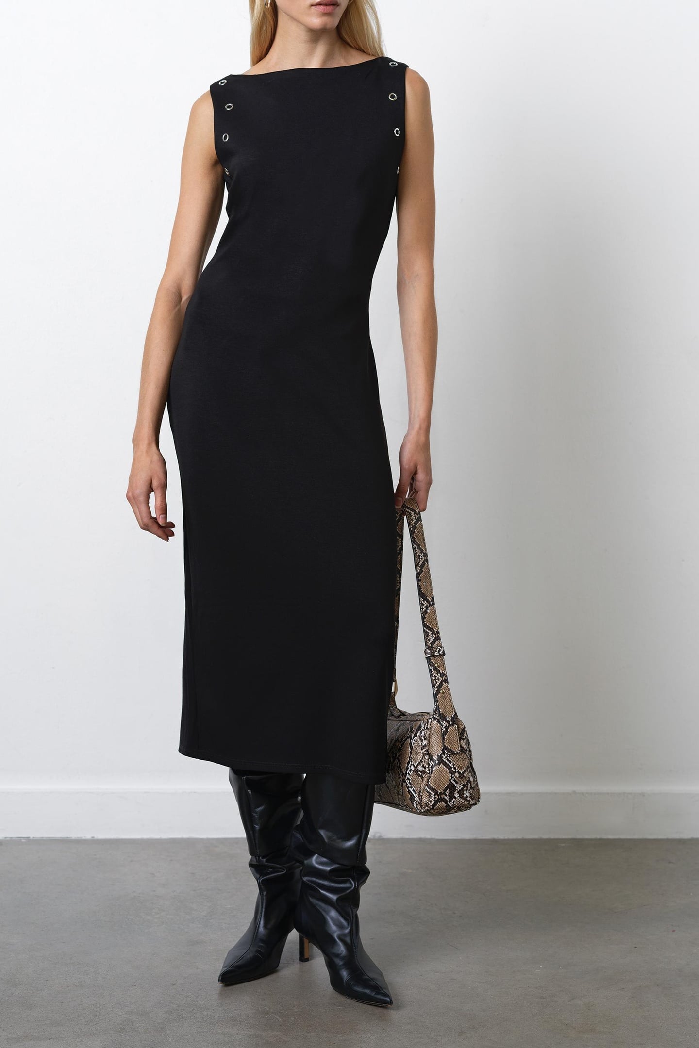 ORLA JERSEY EYELET MIDI DRESS BLACK 1
