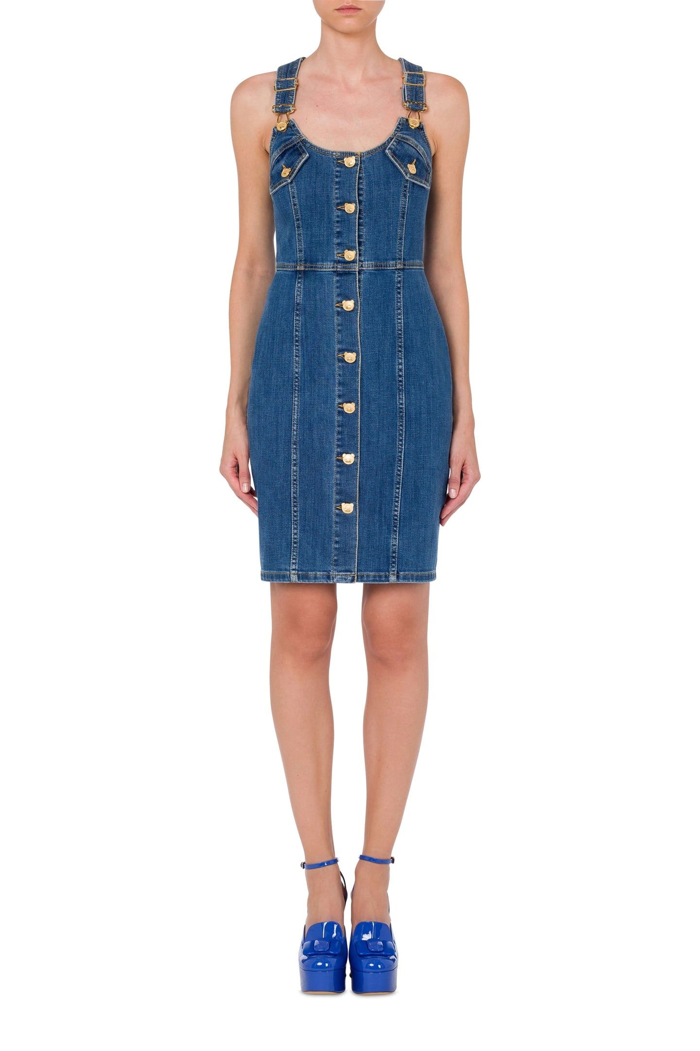 TEDDY BUTTONS DENIM DUNGAREES DRESS BLUE 1
