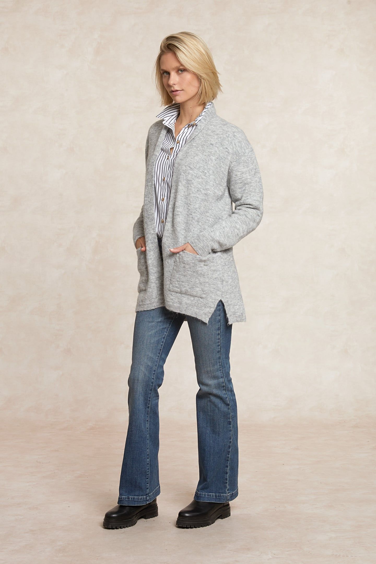LONG V-NECK JERSEY CARDIGAN APPLIED POCKETS GREY 1