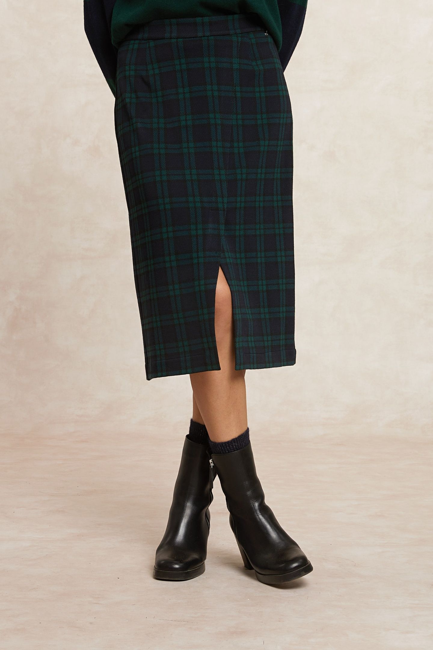 A-LINE CHECKED MIDI SKIRT FRONT SLIT KHAKI 3
