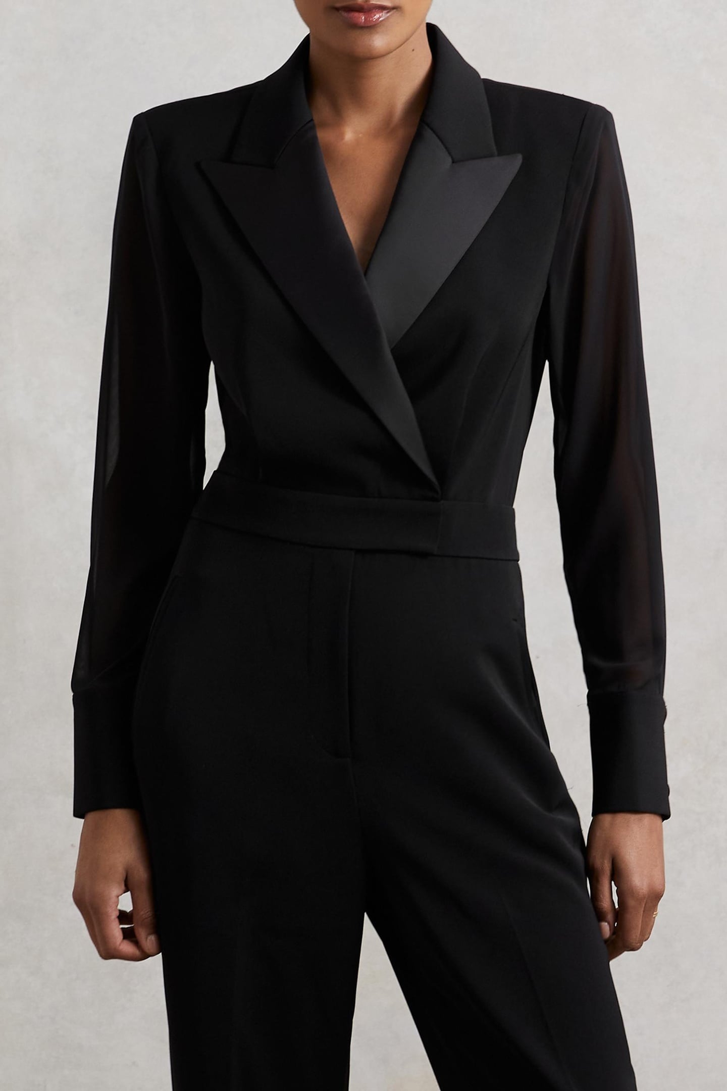 SHEER SLEEVE TUX JUMPSUIT BLACK 4