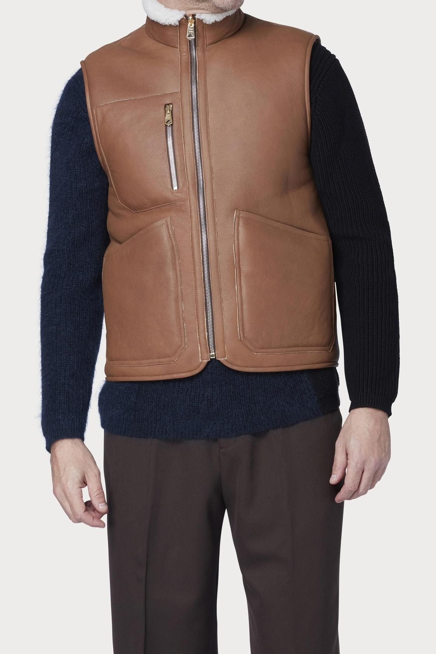 MENS SLIM FIT REVERSIBLE SHEEPSKIN GILET TAN 3
