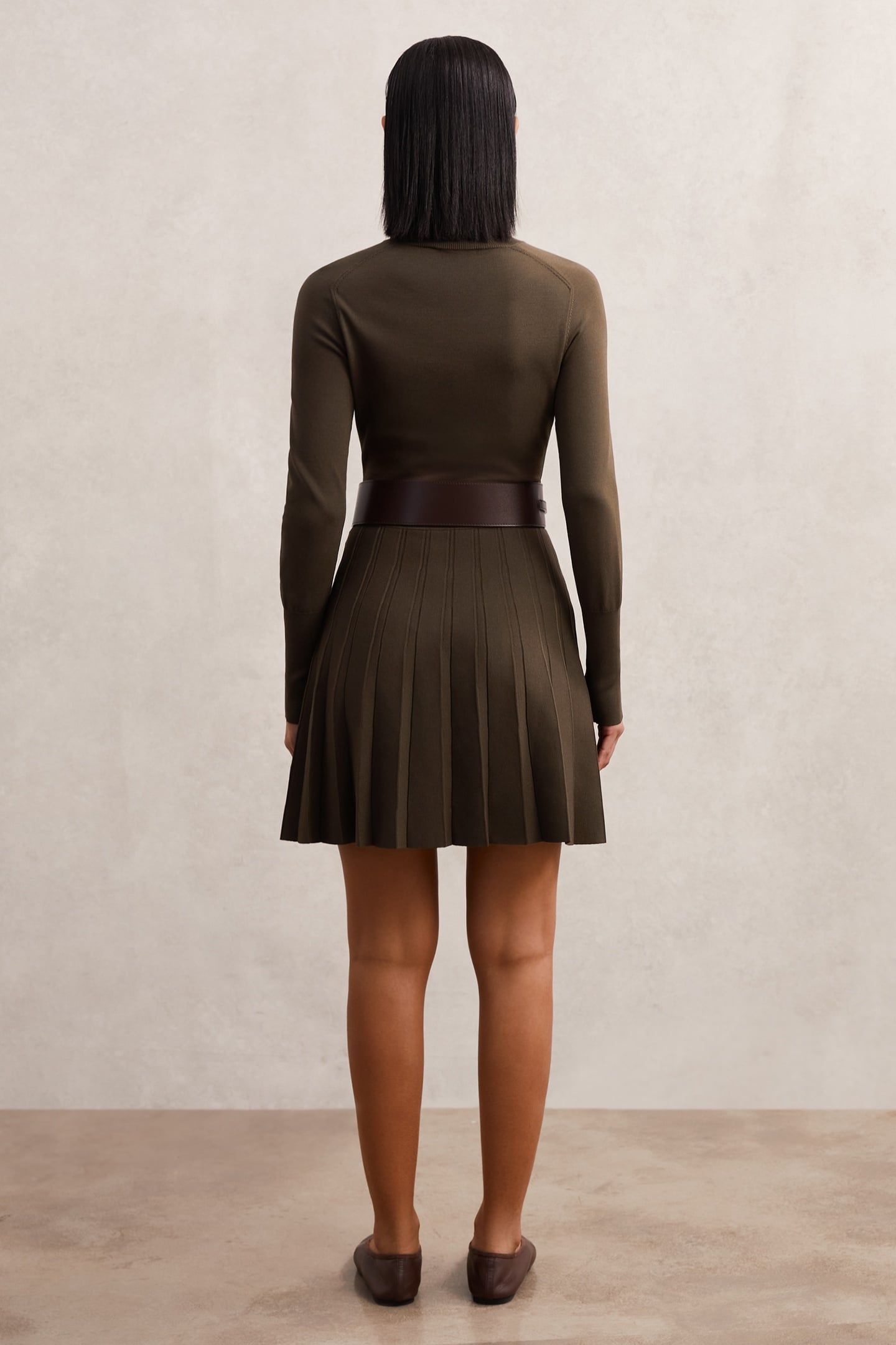 BELTED KNITTED MINI DRESS MOCHA BROWN 2