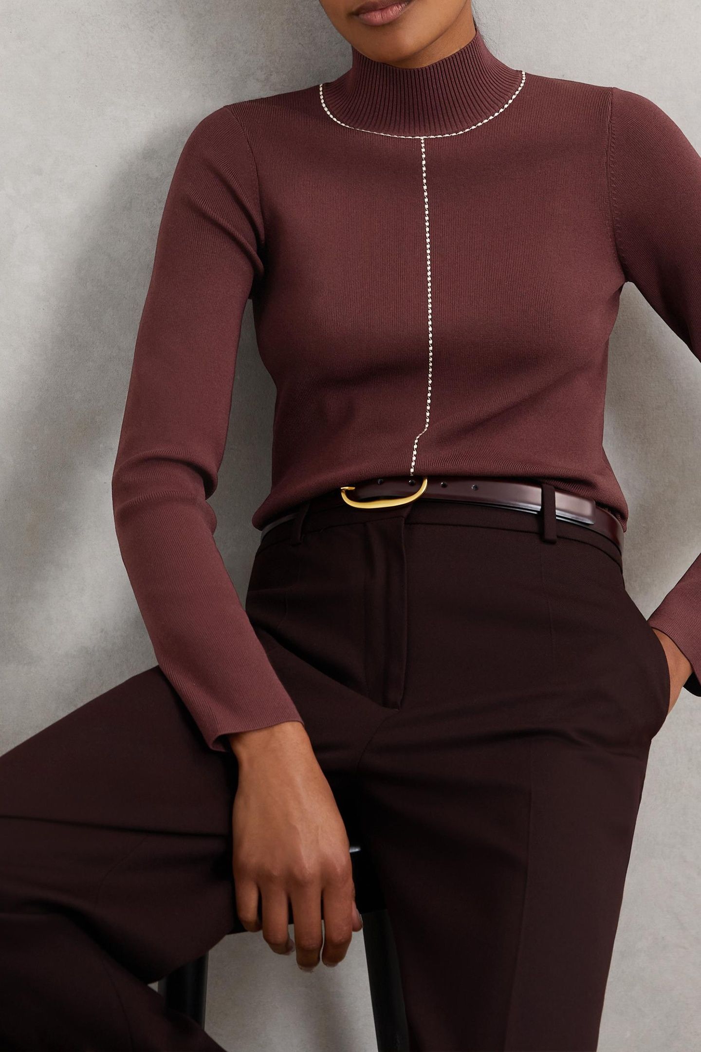 STITCH FRONT FUNNEL JUMPER BURGUNDY/CAMEL 1