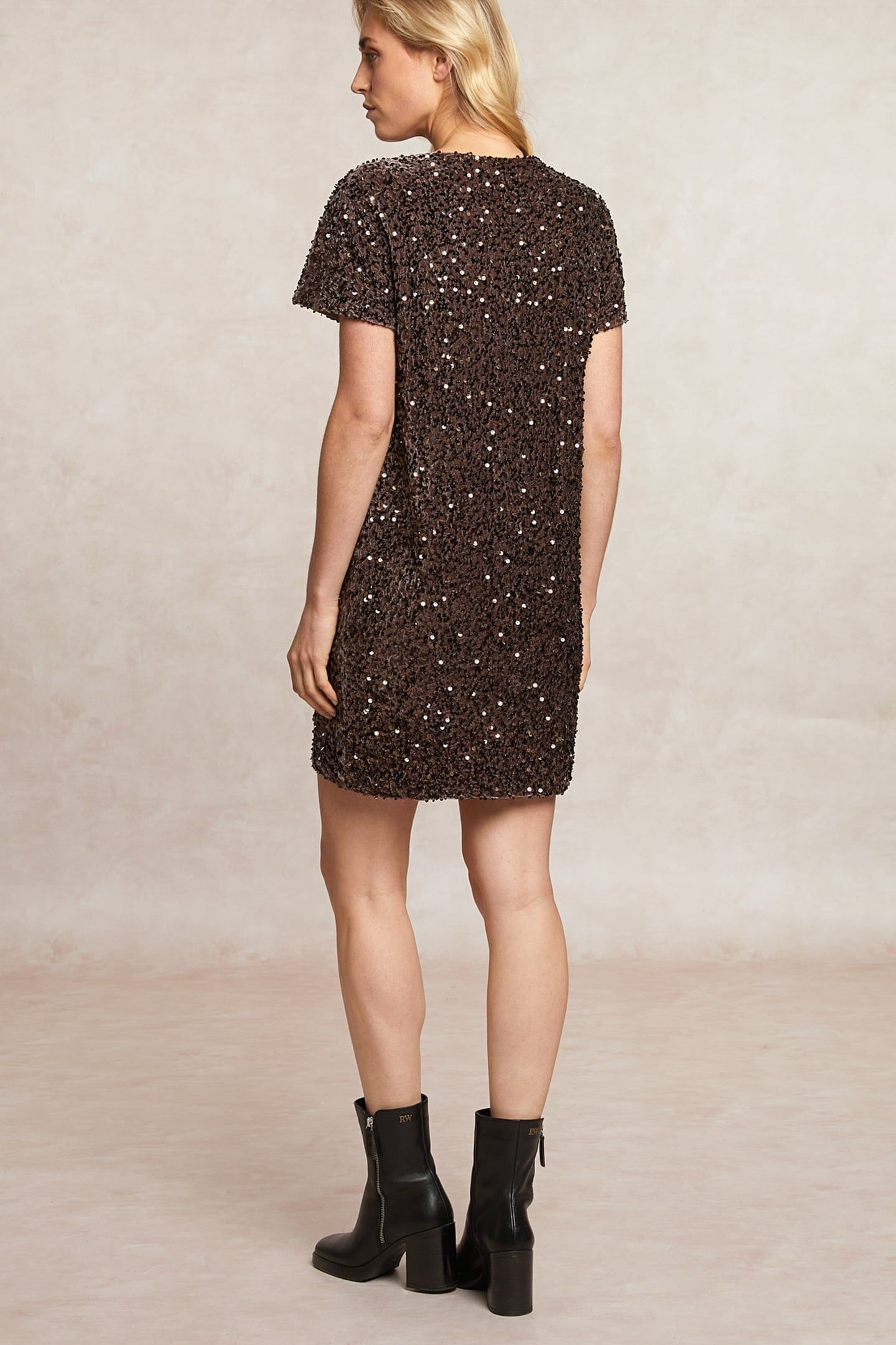 SEQUIN V-NECK DRESS BROWN 2