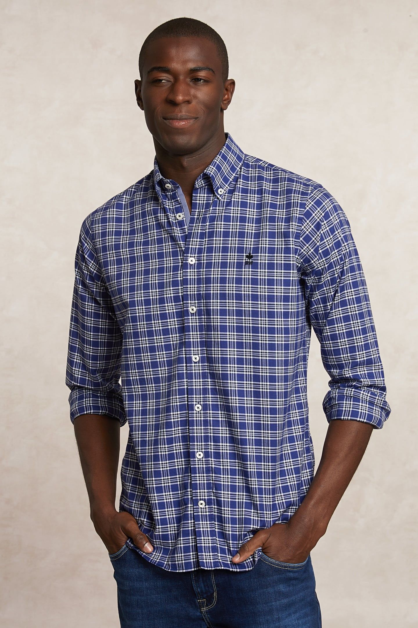CUSTOM FIT COTTON CHECKED SHIRT BLUE/WHITE 3