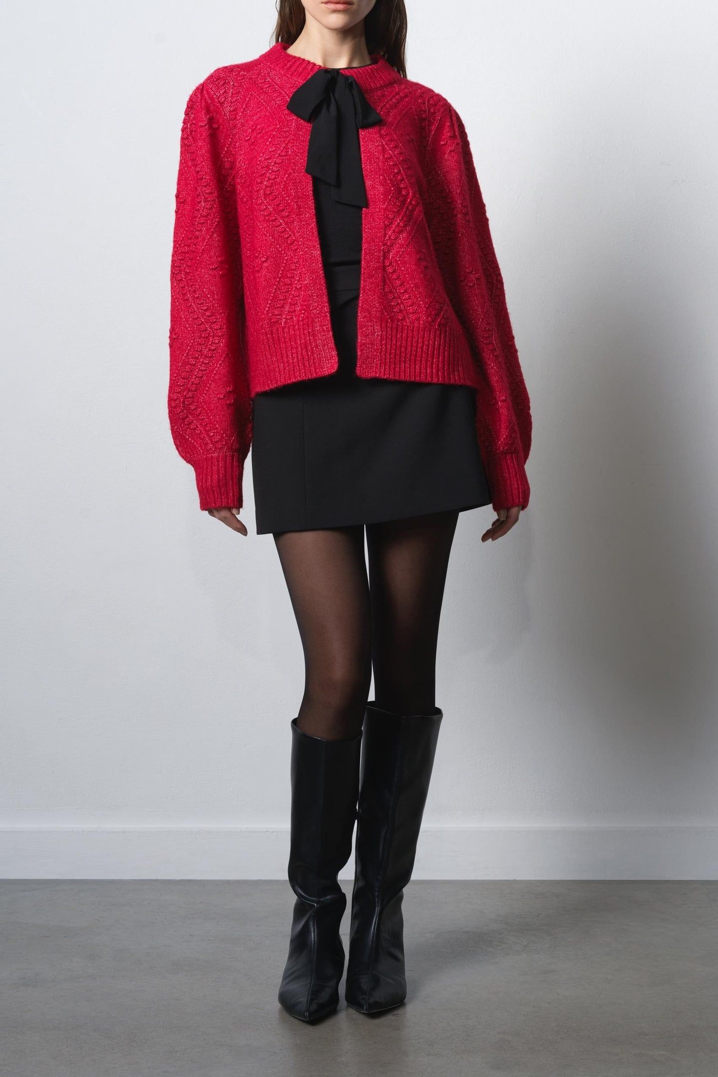 KITTY BOBBLE BOW CARDIGAN LIPSTICK RED/BLACK 1