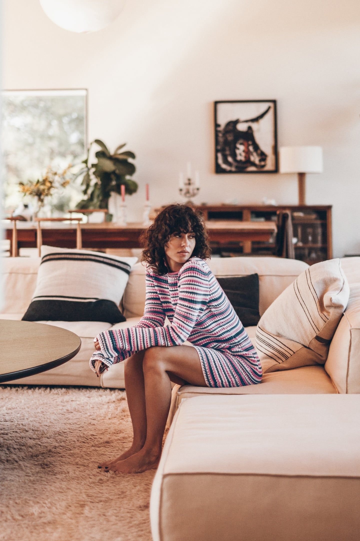 THE STRIPED KNITTED LOW BACK LONGSLEEVE DRESS WHITE 1