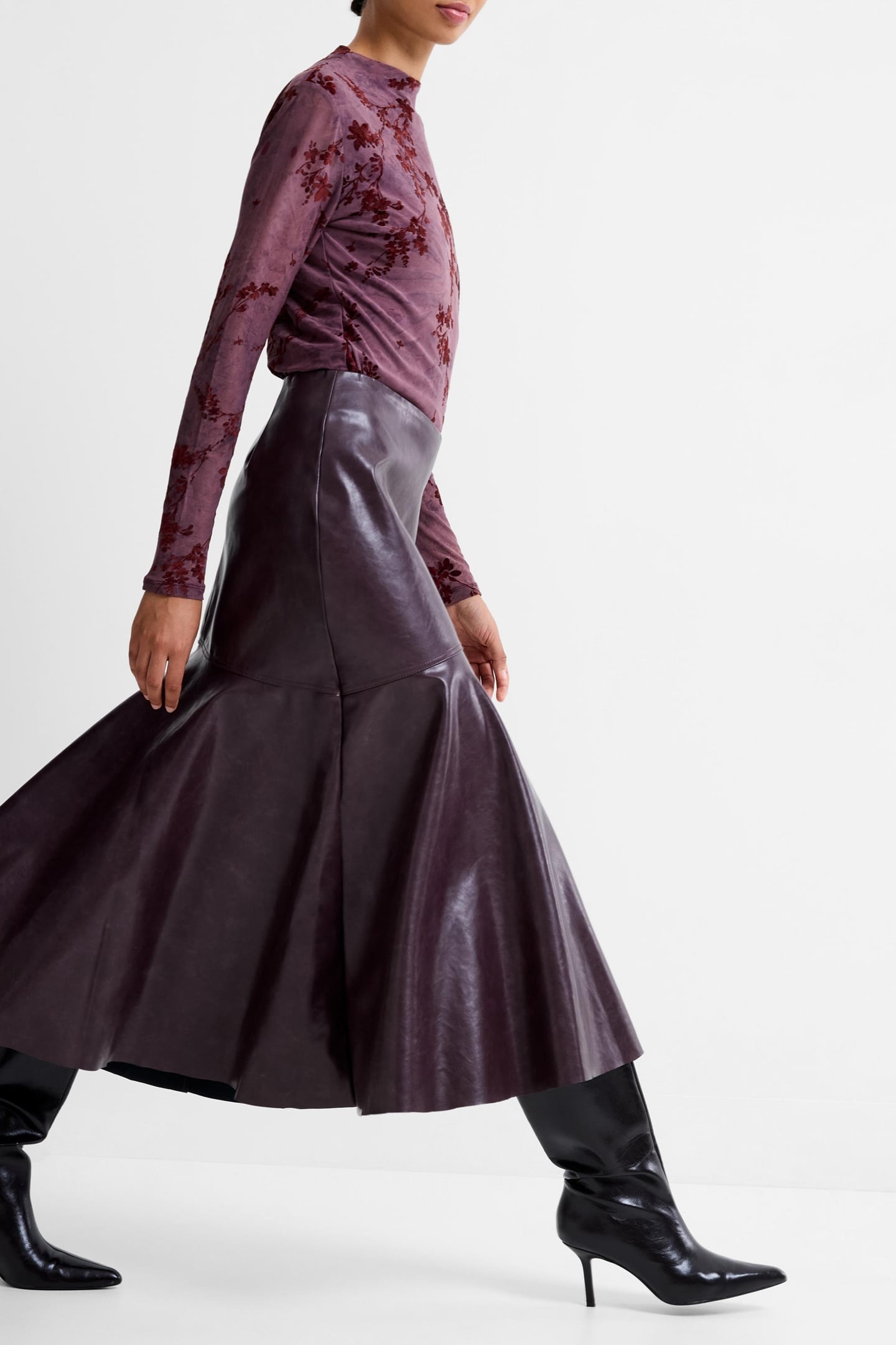 KAYLEIGH PU FLUTED MIDI SKIRT BORDEAUX RED BORDEAUX RED 4