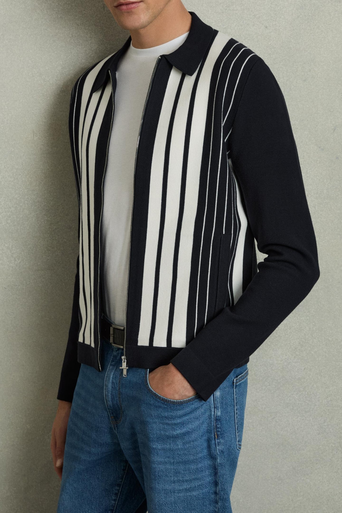 LS ZIP THROUGH STRIPE KNITTED JACKET NAVY/WHITE 1