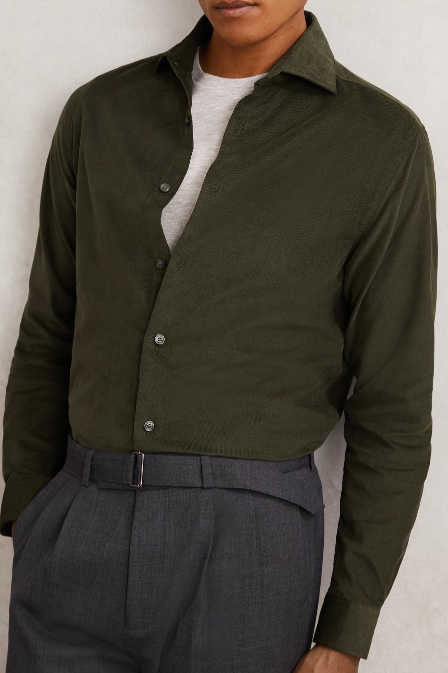 LS FINE CORD CUTAWAY COLLAR SHIRT DARK GREEN 1