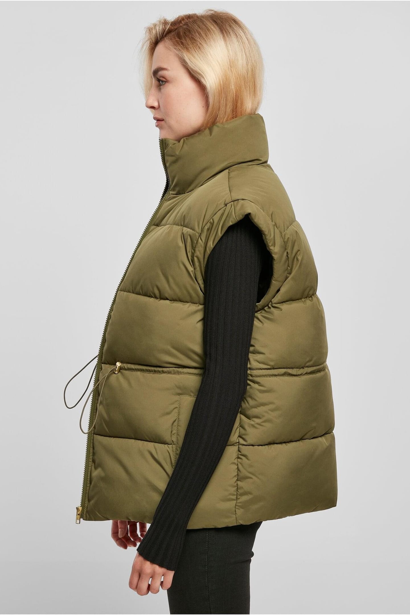 LADIES WAISTED PUFFER VEST OLIVE 2