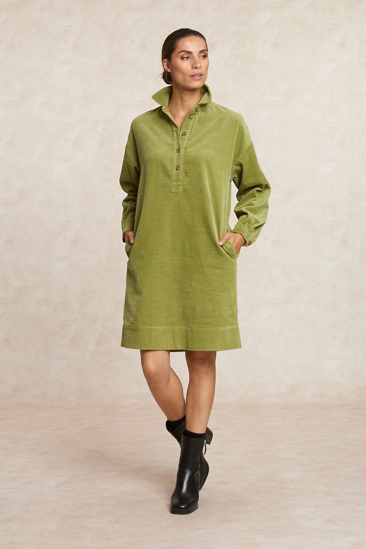 BELTED CORDUROY DRESS WITH BUTTONS OLIVE GREEN 4