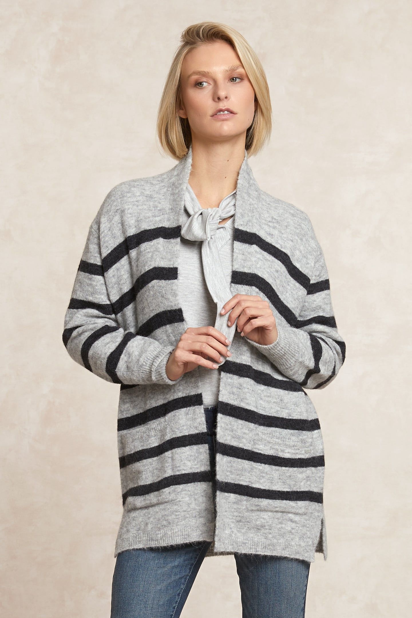 LONG STRIPED V-NECK JERSEY CARDIGAN APPLIED POCKETS BLACK/GR 1