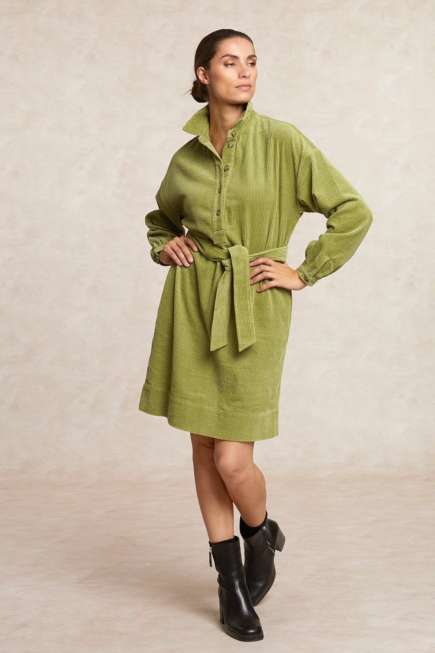 BELTED CORDUROY DRESS WITH BUTTONS OLIVE GREEN 1
