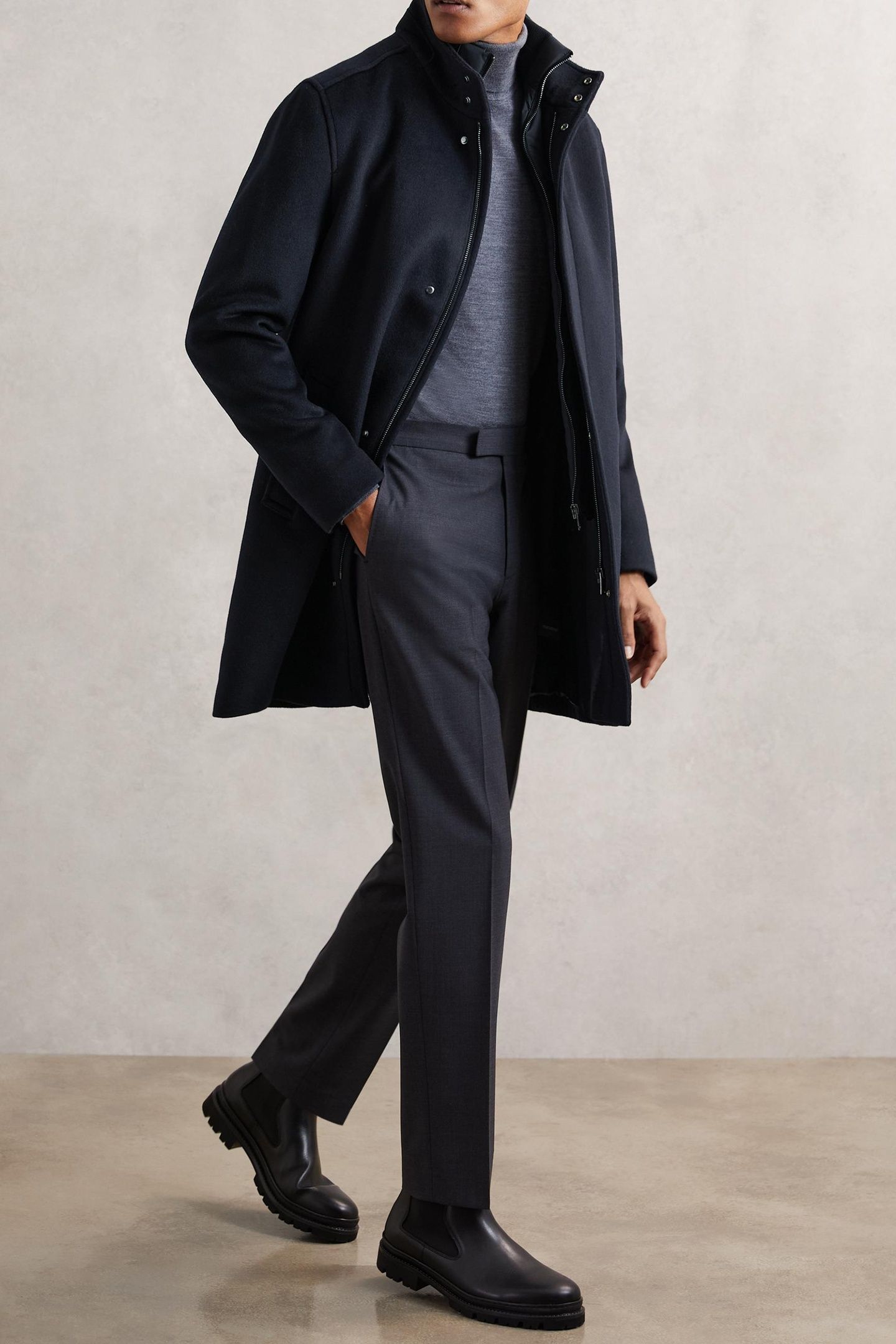 WOOL GILET INSERT FUNNEL NECK COAT NAVY 3
