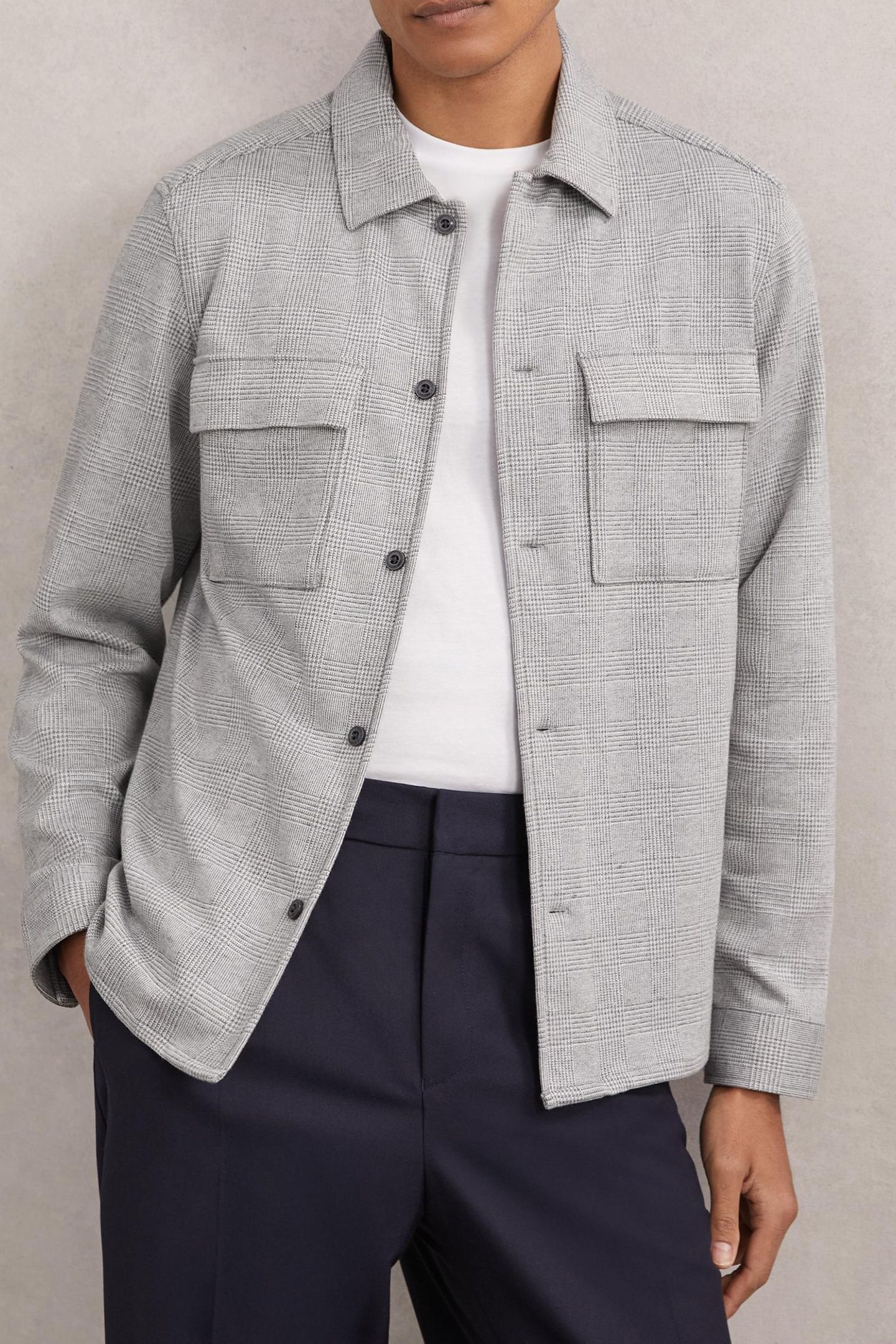 LS JERSEY CHECK TWIN POCKET OVERSHIRT SOFT GREY 1