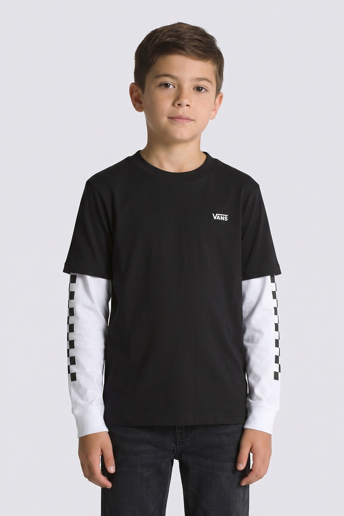 BOYS LONG CHECK TWOFER T-SHIRT BLACK 1