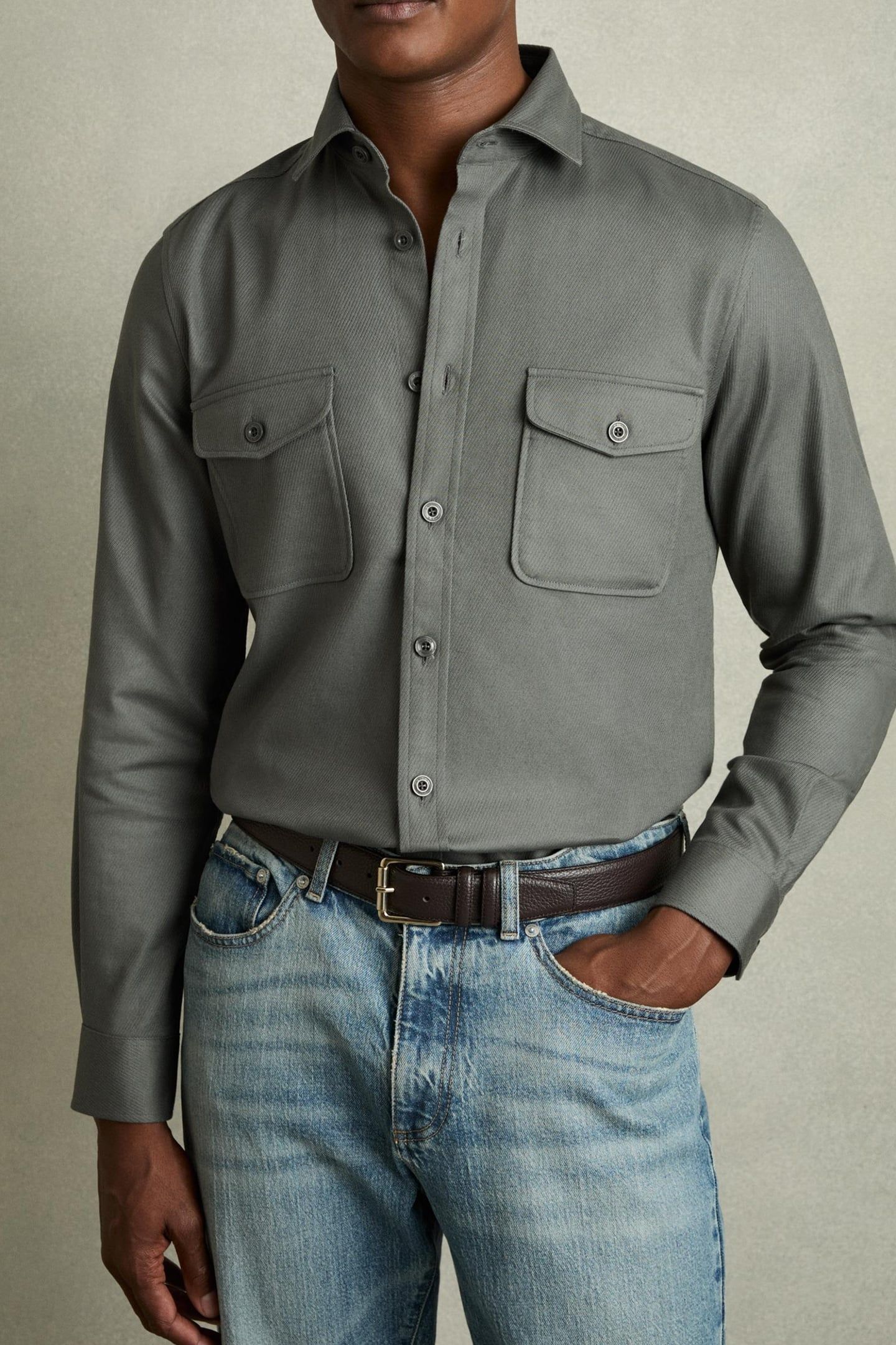LS TWIN POCKET TEXTURED OVERSHIRT SAGE 1