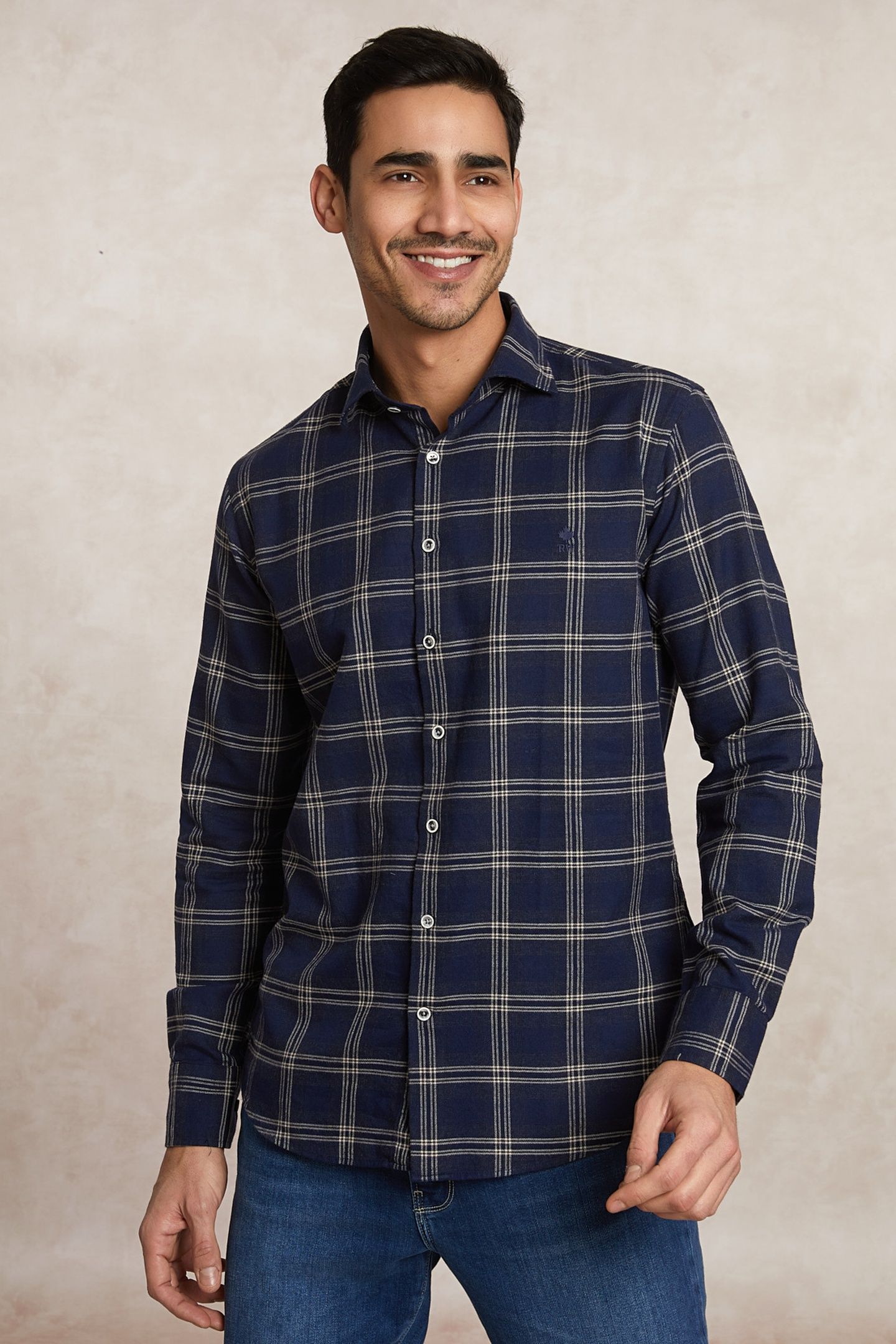 SLIM FIT CHECKED FLANNEL SHIRT BLUE/BEIGE 3