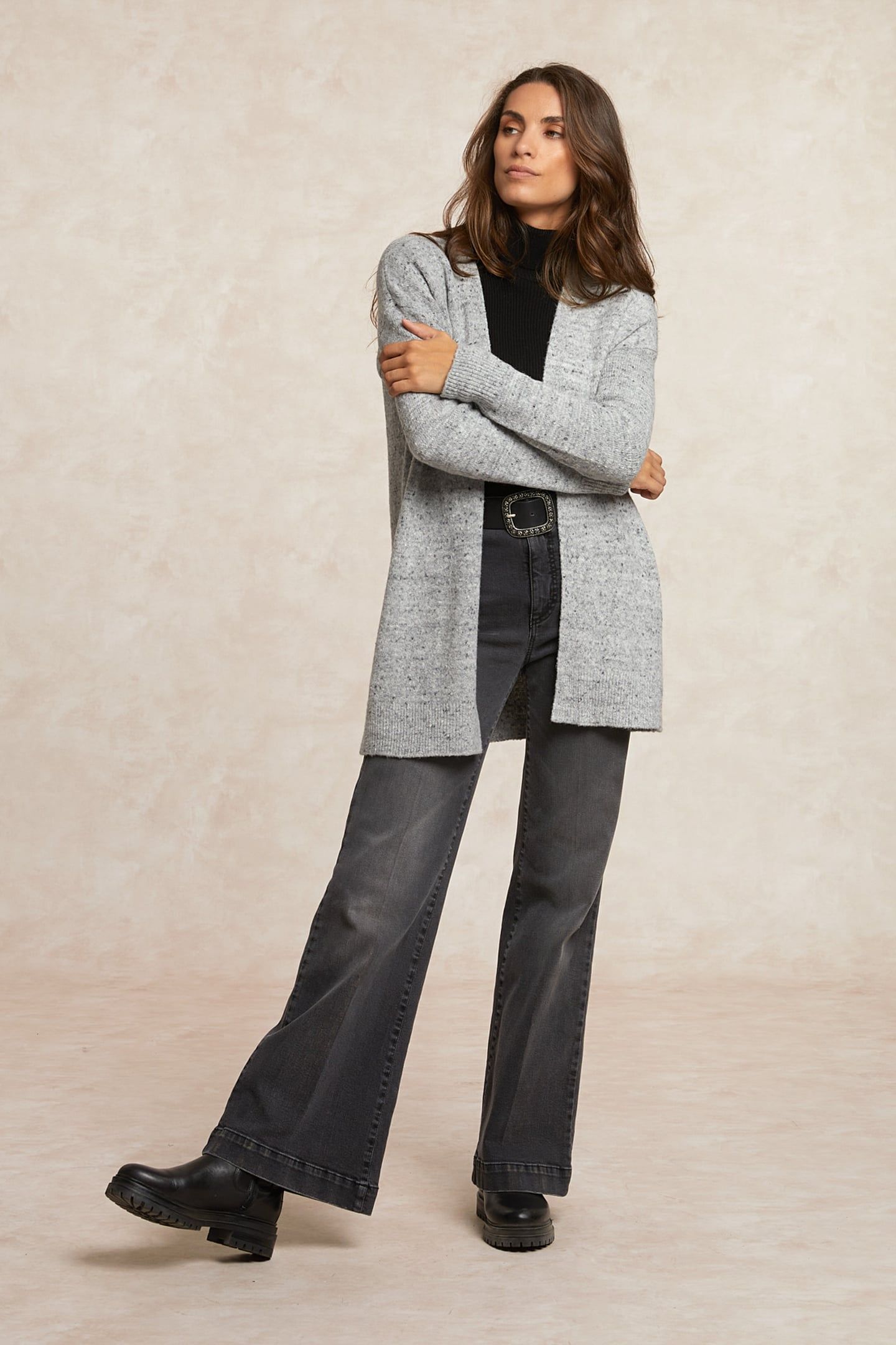LONG DOTTED V-NECK CARDIGAN GREY 1