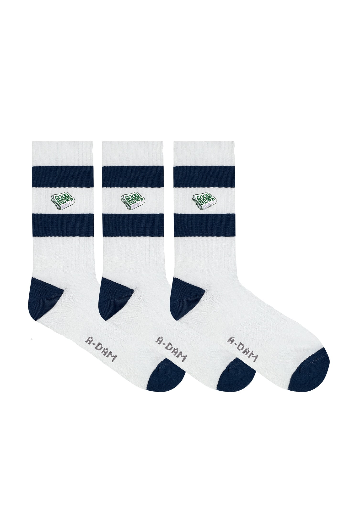 A-DAM 3-PACK CREW SOCKS NAVY STRIPES GOOD NEWS WHITE 1