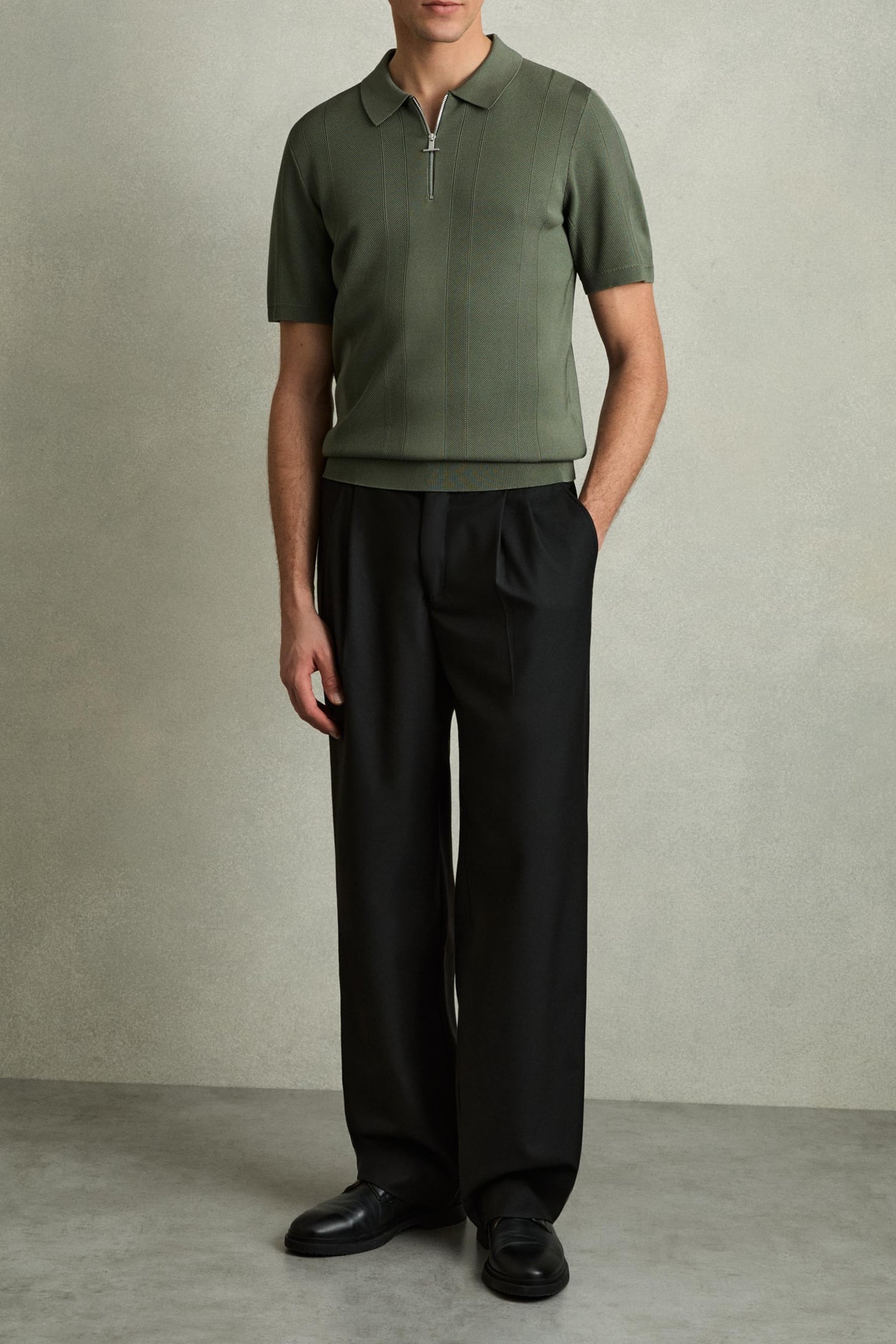 SS HALF ZIP TEXTURED KNITTED POLO HERB GREEN 1